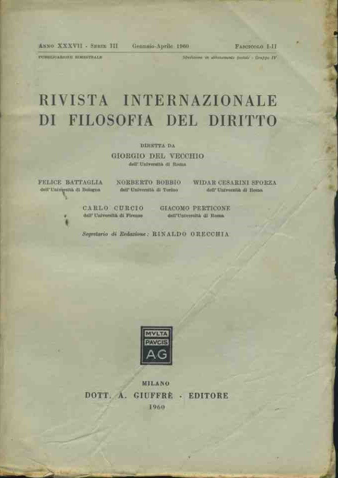 Rivista internazionale di filosofia del diritto. Gennaio - Aprile 1960 - copertina