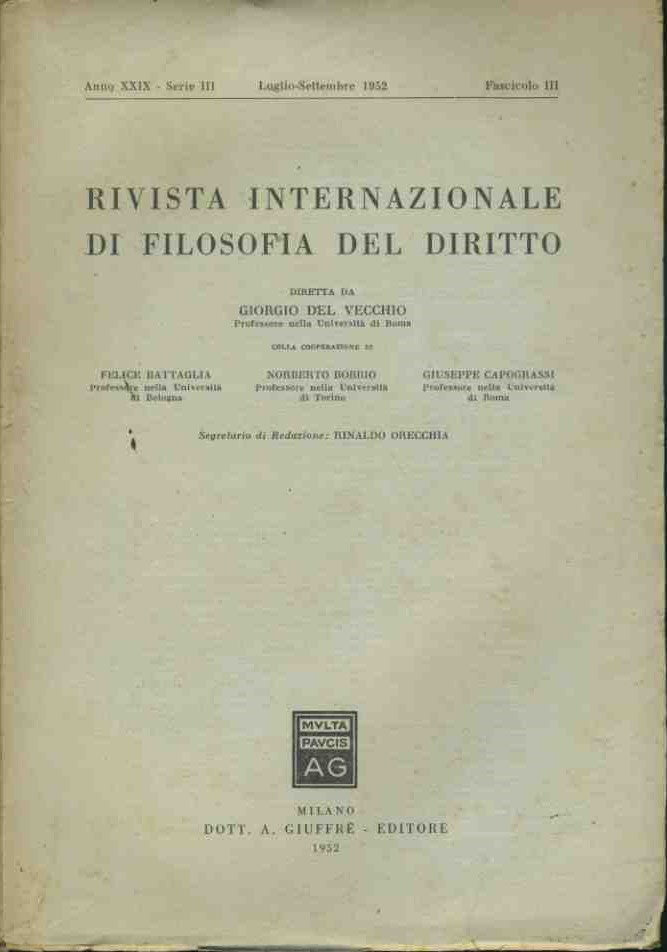 Rivista internazionale di filosofia del diritto. Luglio - Settembre 1952 - copertina