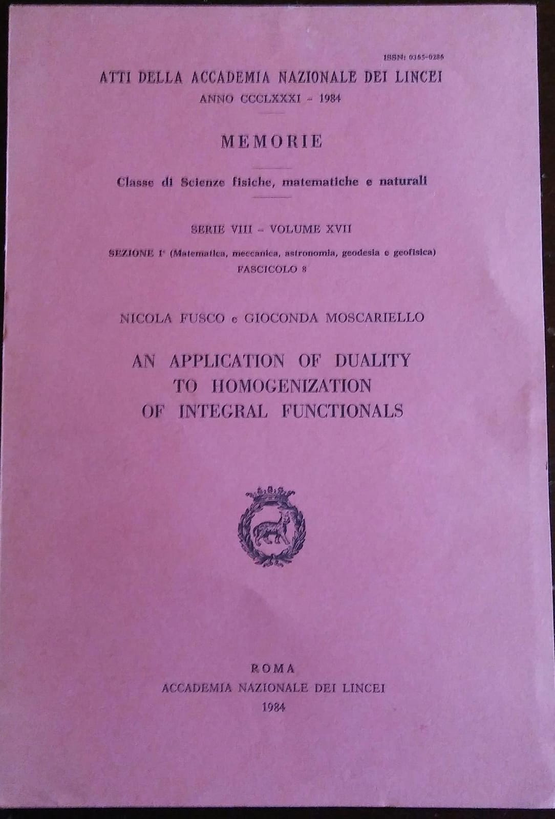 AN APPLICATION OF DUALITY TO HOMOGENIZATION OF INTEGRAL FUNCTIONALS - copertina