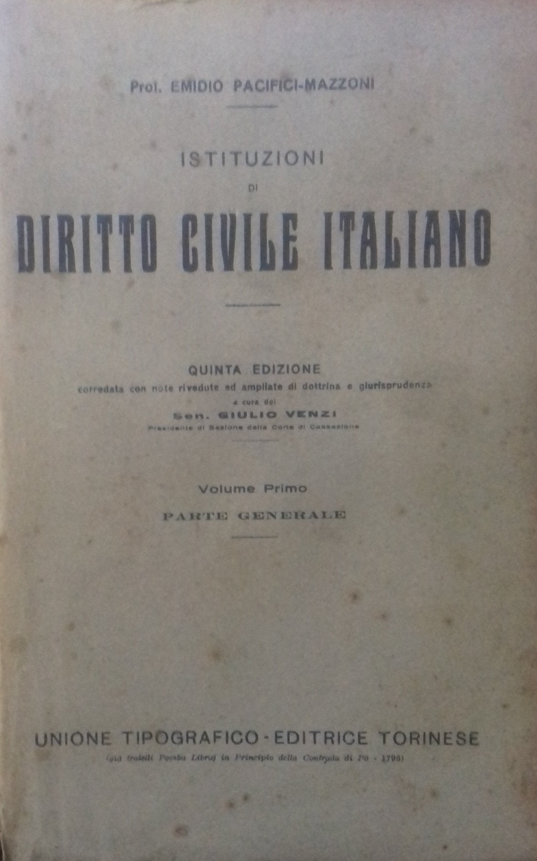 Istituzioni di Diritto civile italiano. Volume primo - parte generale - copertina