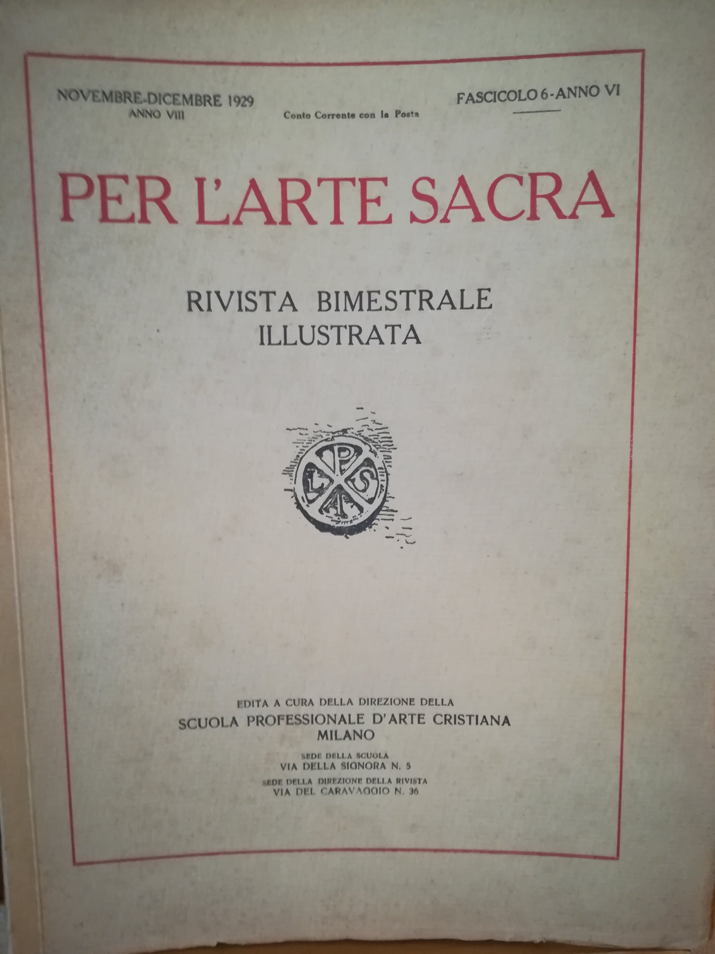 Per l'arte sacra. Rivista bimestrale illustrata. 6. Novembre-dicembre 1929. - copertina