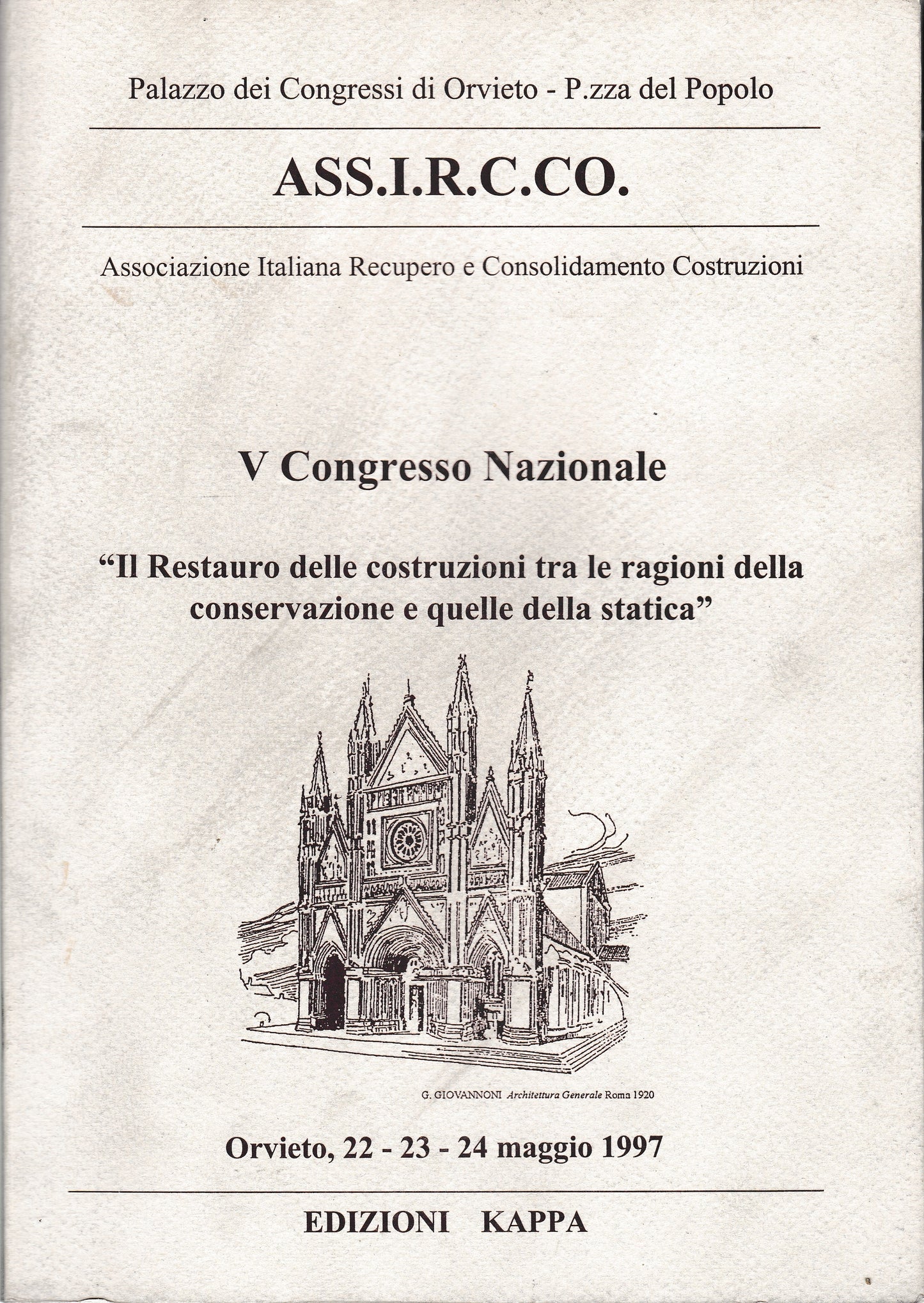 ASS.I.R.C.CO. V Congresso nazionale. Il restauro delle costruzioni tra le ragioni della conservazione e quelle della statica - copertina