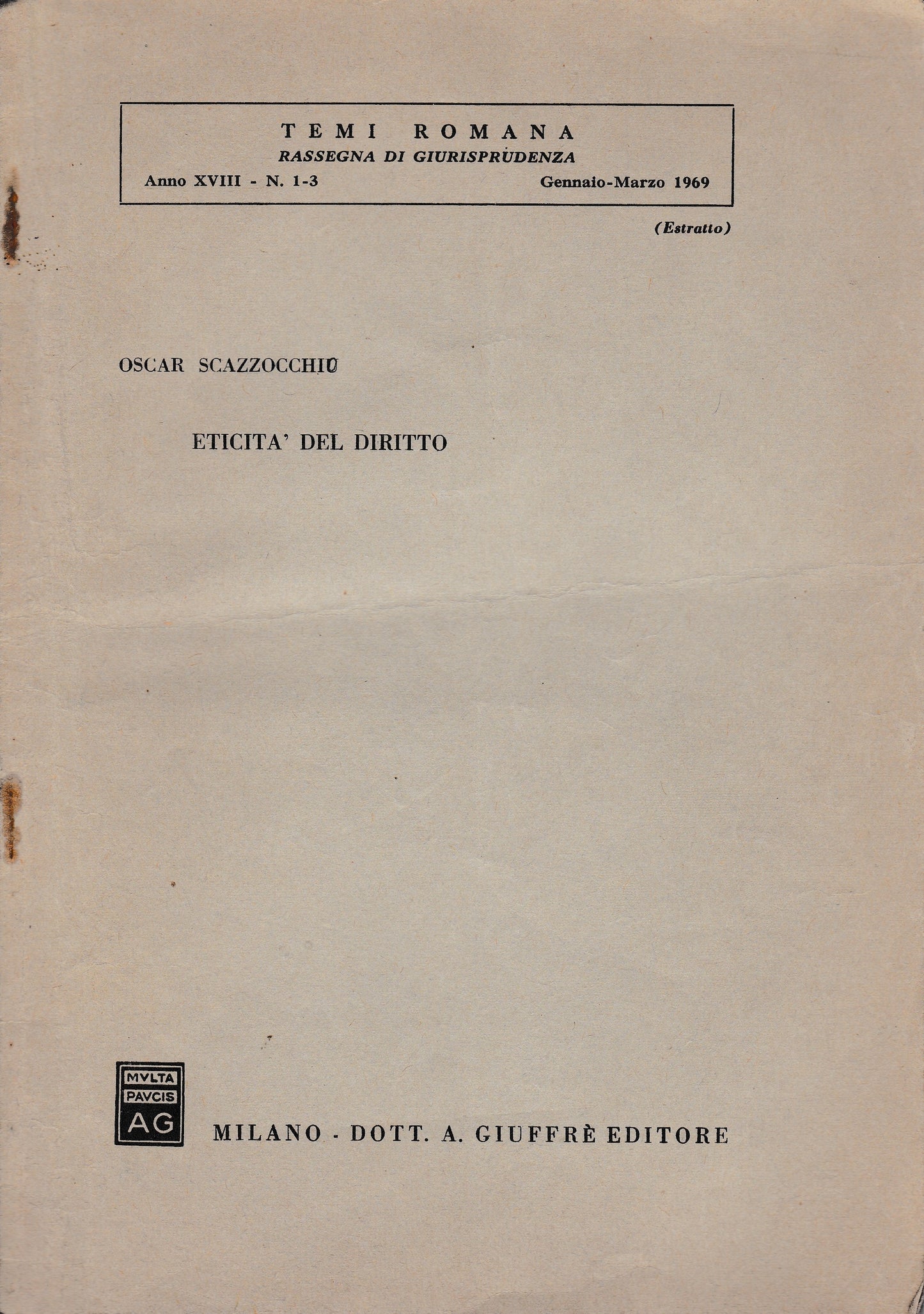 Eticità del diritto. Temi Romana anno XVIII n°1-3 Genn.- Mar. 1969 - copertina