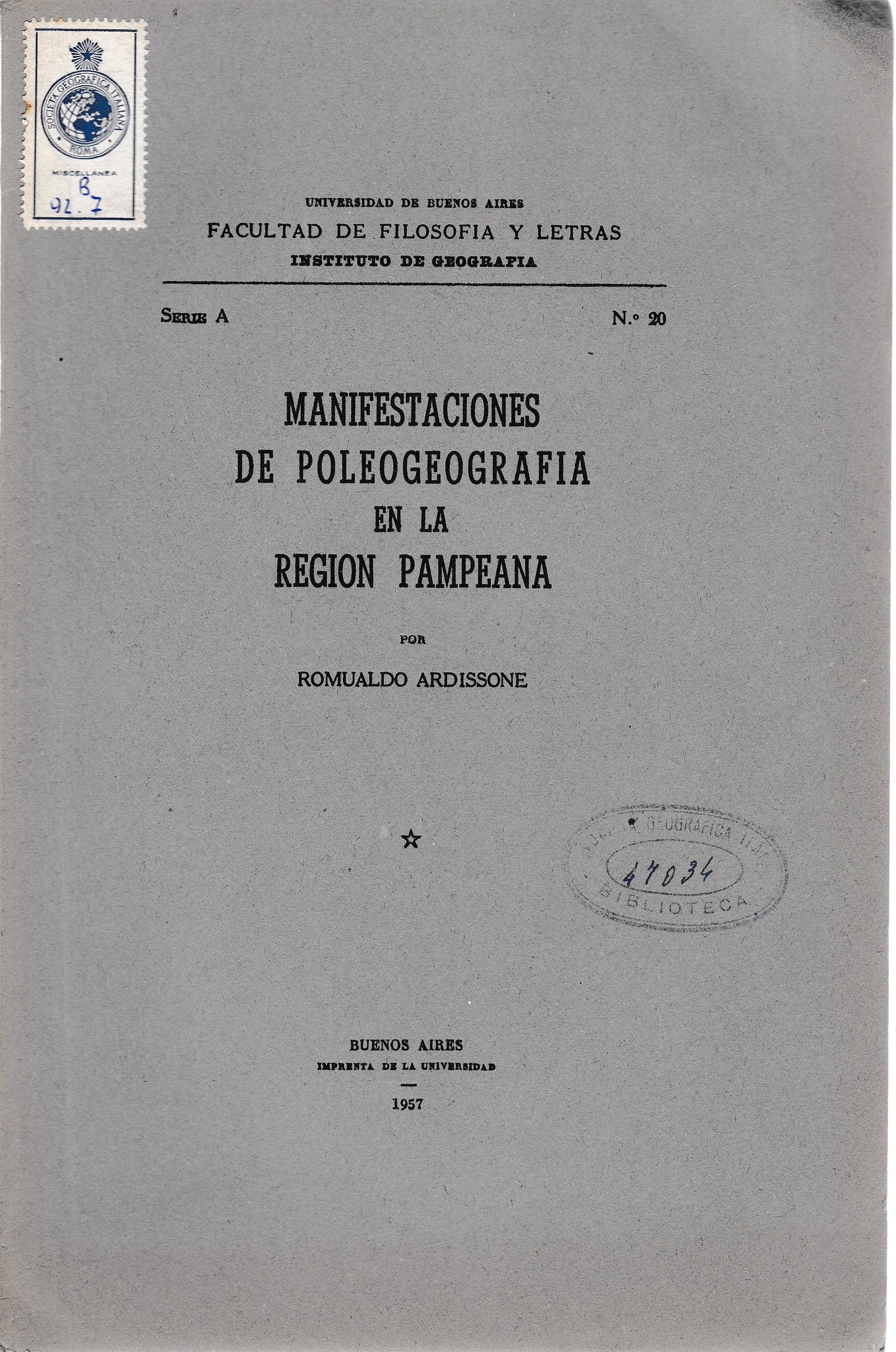 Manifestaciones de Poleogeografia en la region Pampeana serie A n. 20 - copertina