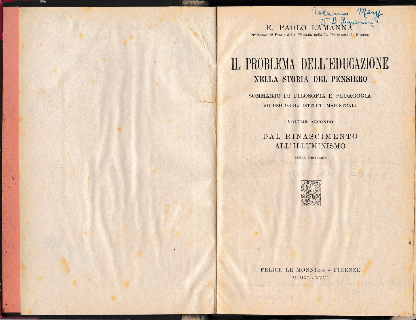 Il problema dell'educazione nella storia del pensiero. vol. 2° Dal Rinascimento all'Illuminismo. - copertina