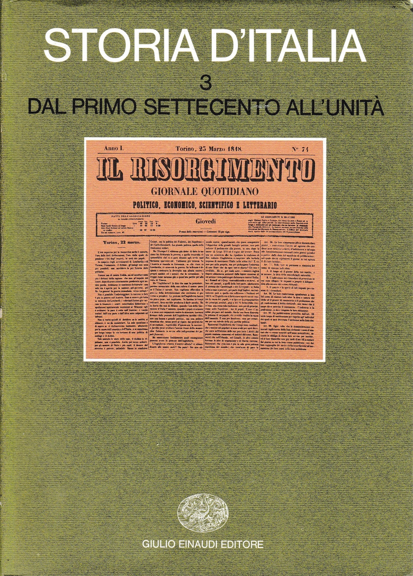 Storia d'Italia. Dal primo Settecento all'unità vol. 3° - copertina