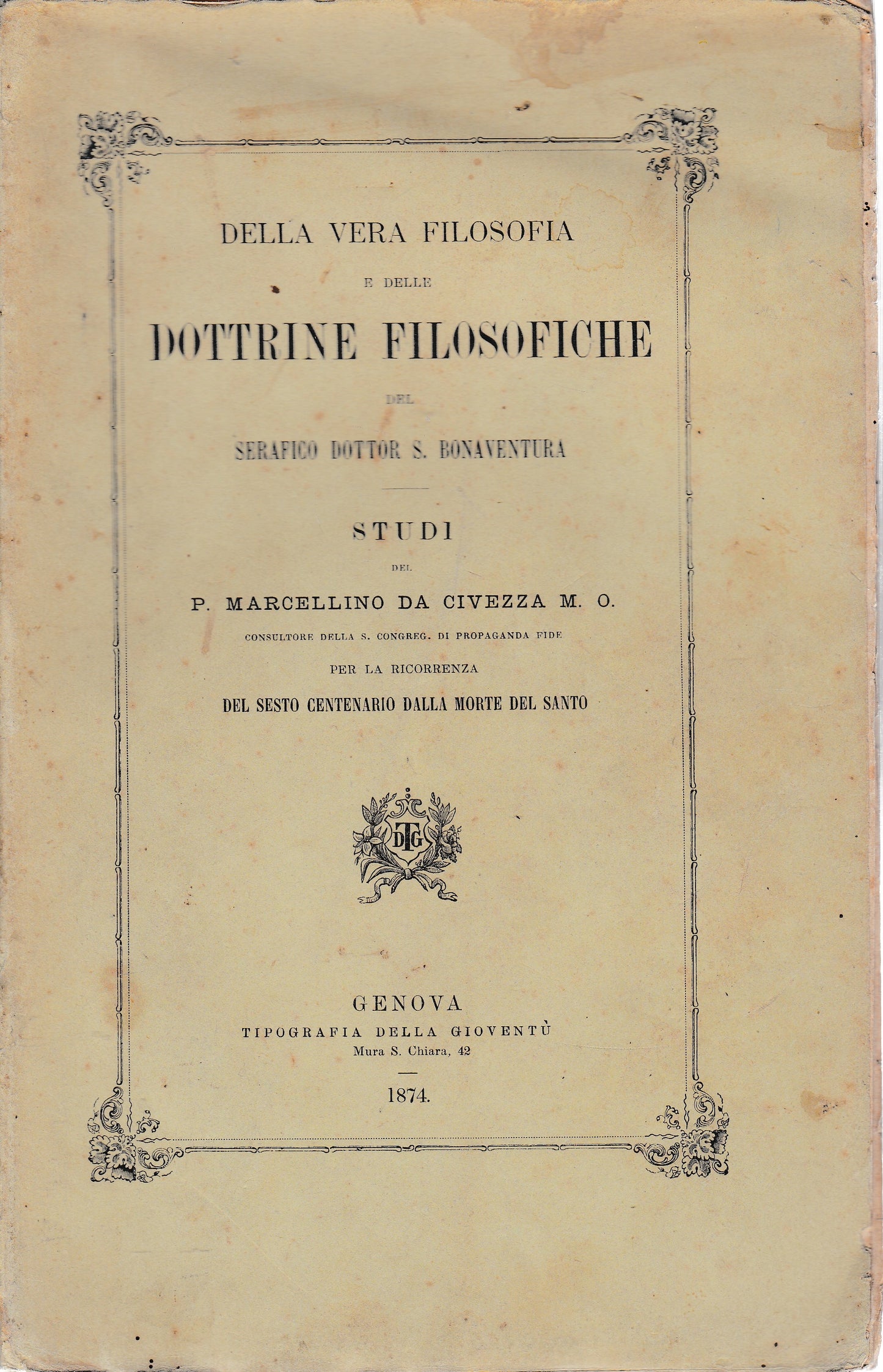 Della vera filosofia e delle dottrine filosofiche del serafico Dottor S. Bonaventura - copertina