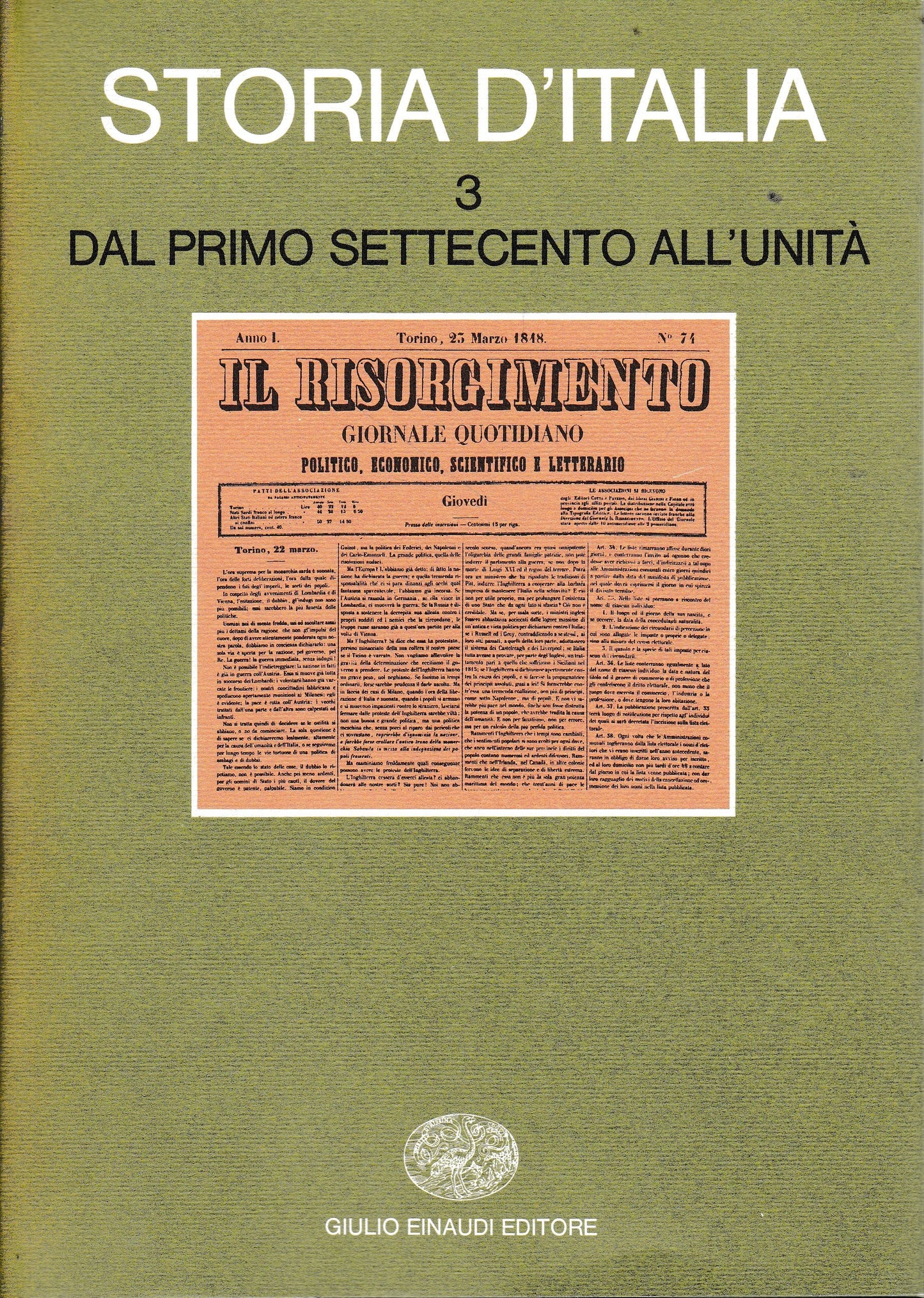 Storia d'Italia, vol. 3° Dal primo Settecento all'unità - copertina