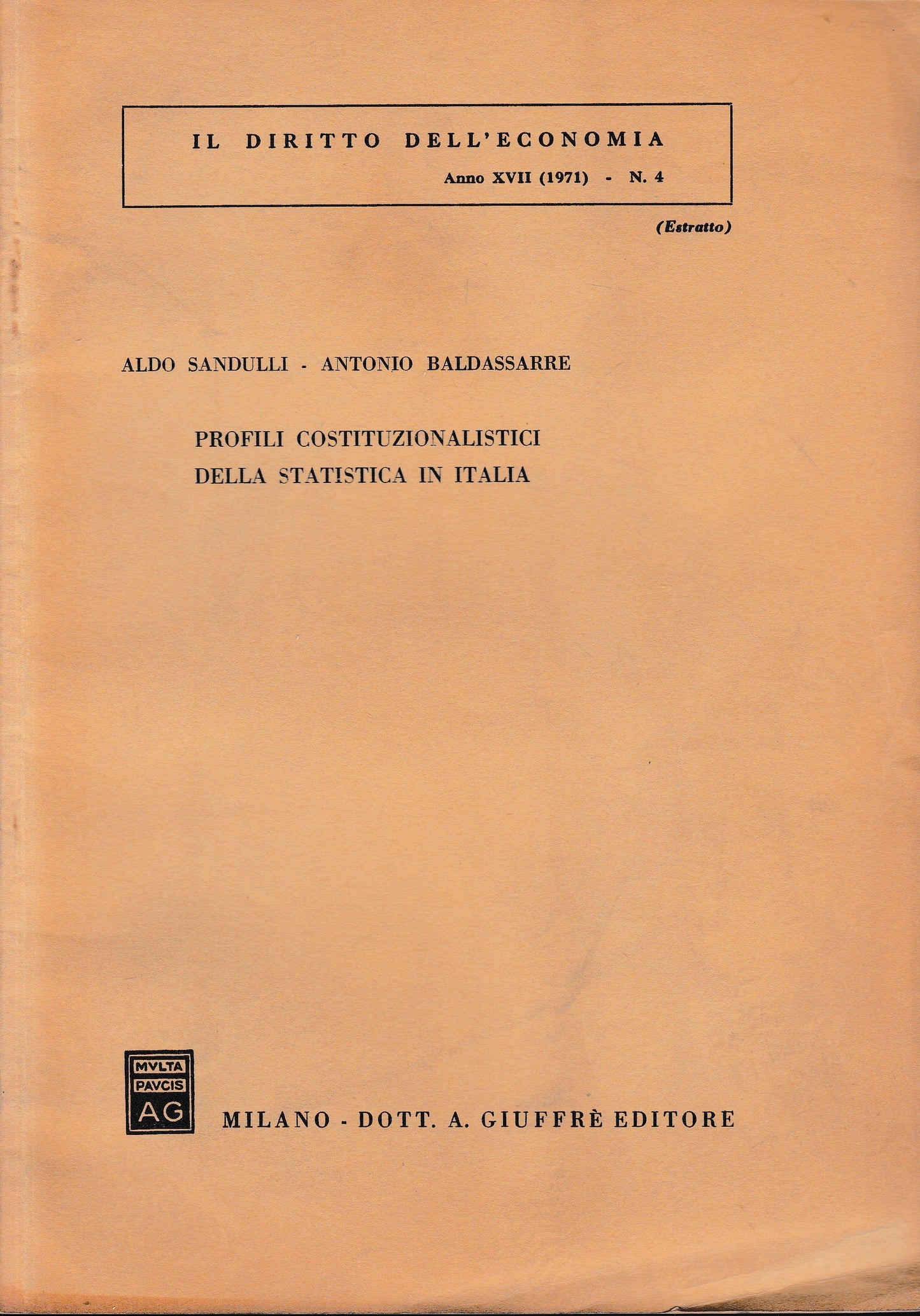 Il Diritto dell'Economia. Anno XVII (1971) - n. 4 (estratto) - copertina