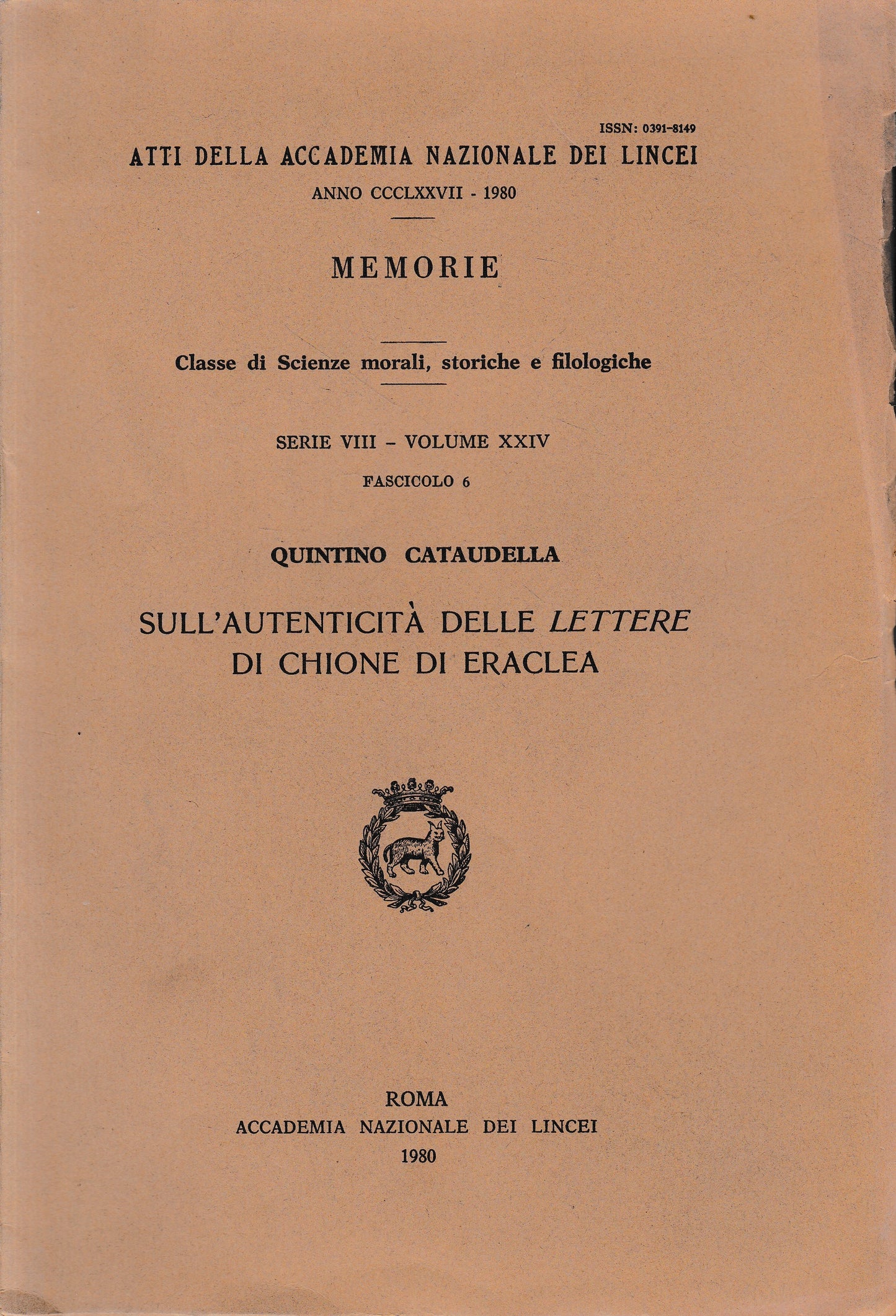 Atti della Accademia Nazionale dei Lincei anno CCCLXXVII - 1980. Memorie. Serie VIII - vol. XXIV - fasc. 6 - copertina