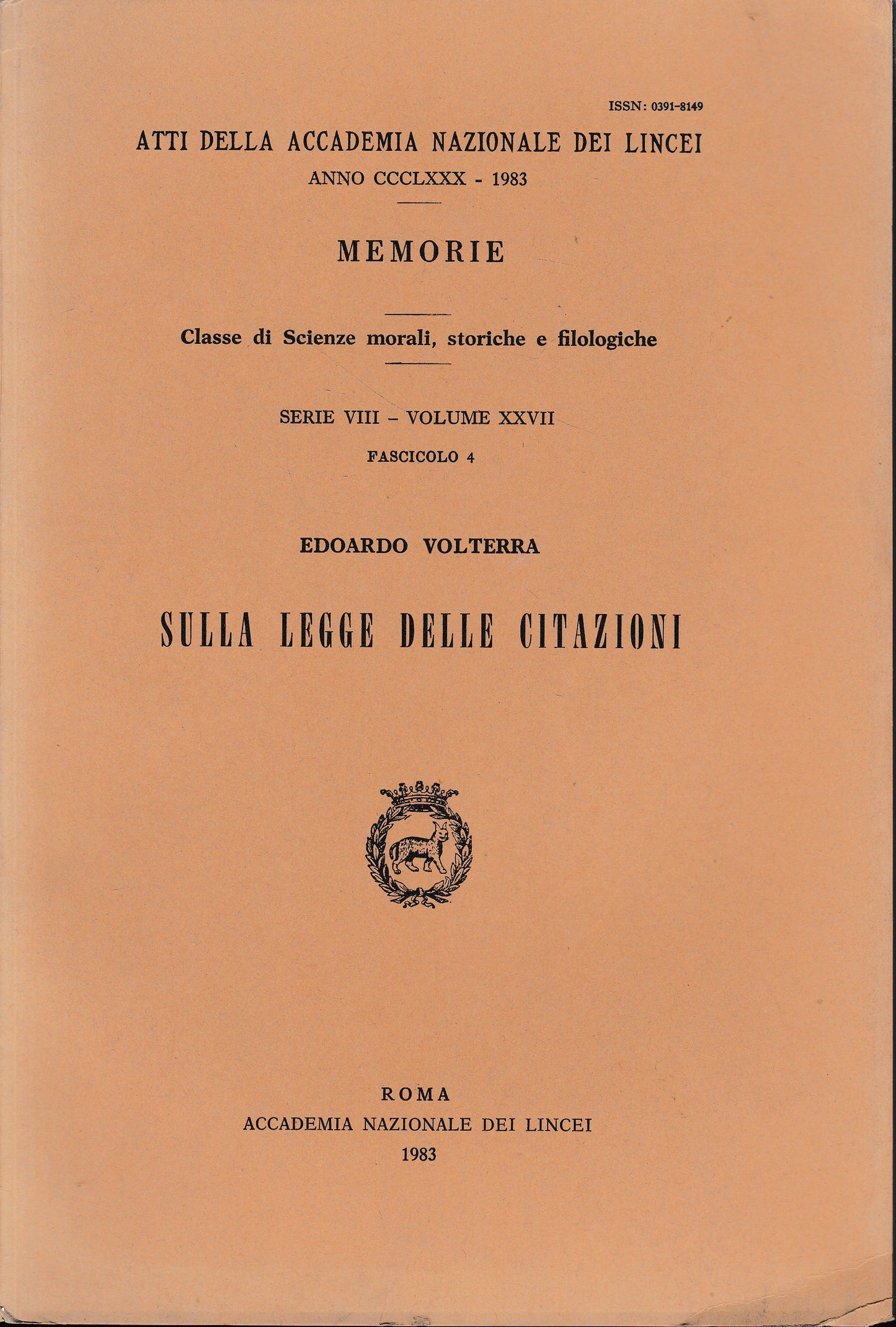 Atti della Accademia Nazionale dei Lincei anno CCCLXXX - 1983. Memorie. Serie VIII - vol. XXVII - fasc. 4 - copertina