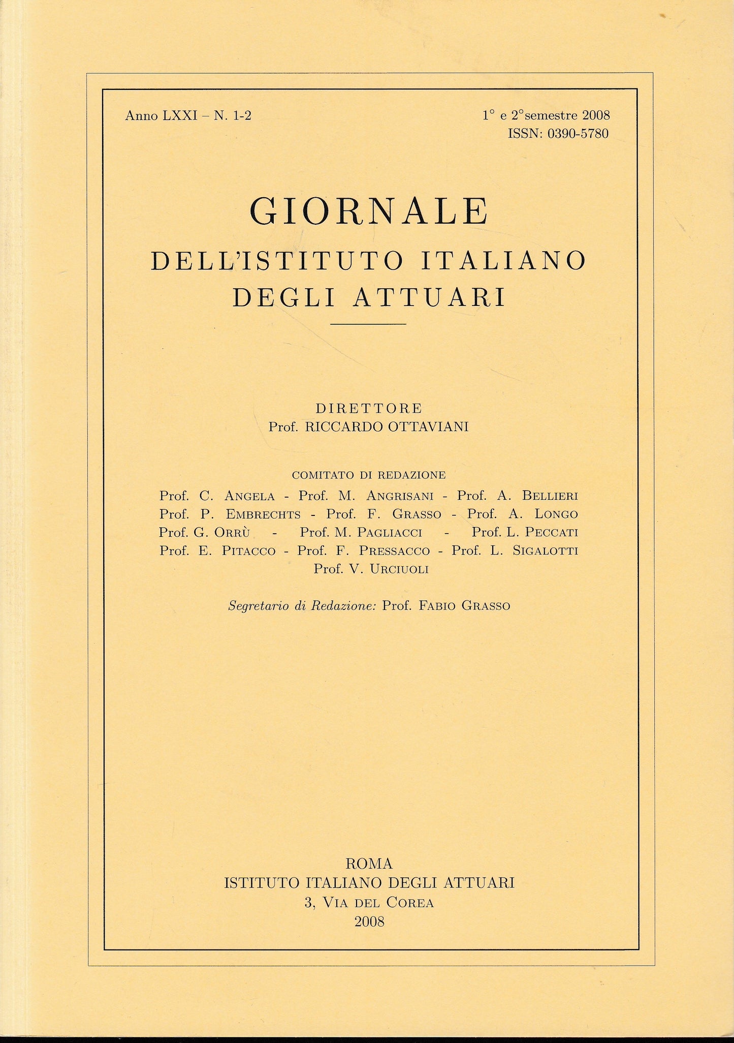 Giornale dell'Istituto Italiano degli Attuari. Anno LXXI - n. 1-2, 1°e 2° semestre 2008 - copertina