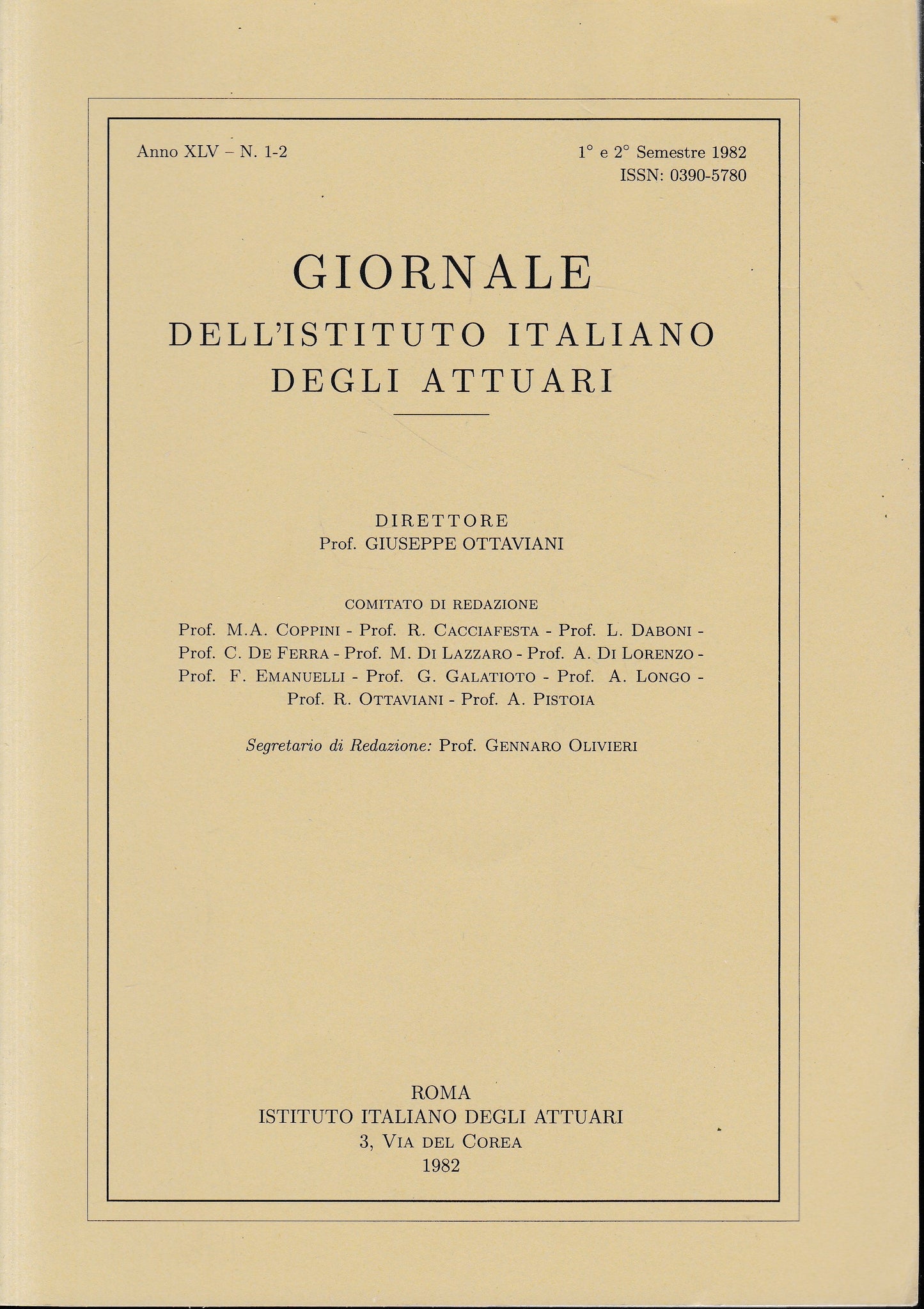 Giornale dell'Istituto Italiano degli Attuari. Anno XLV - n. 1-2, 1°e 2° semestre 1982 - copertina