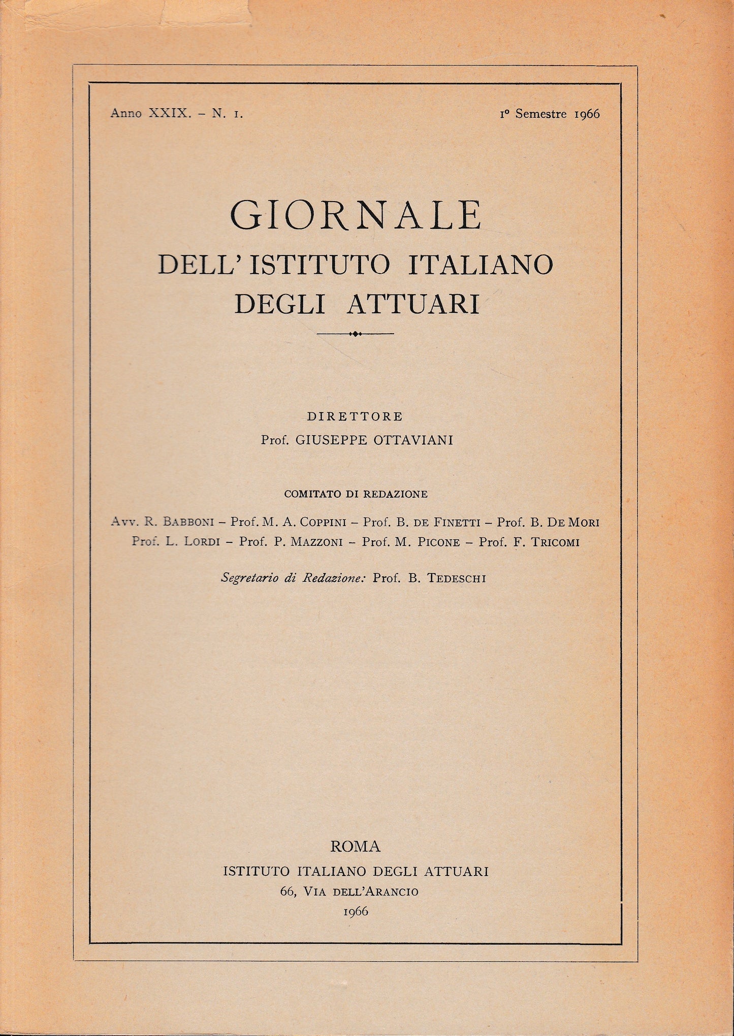 Giornale dell'Istituto Italiano degli Attuari. Anno XXIX - n. 1, 1° semestre 1966 - copertina