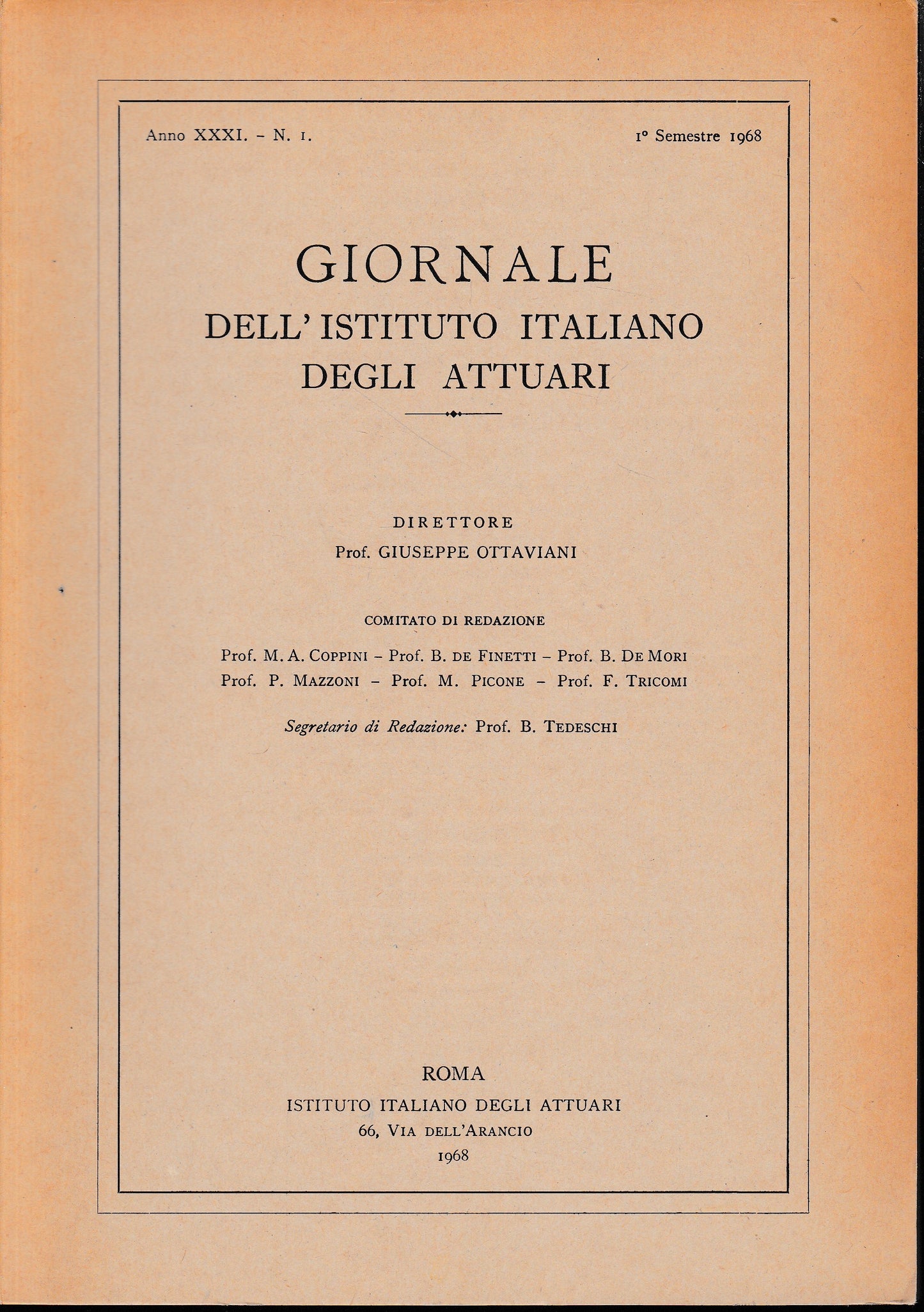Giornale dell'Istituto Italiano degli Attuari. Anno XXXI - n. 1, 1° semestre 1968 - copertina