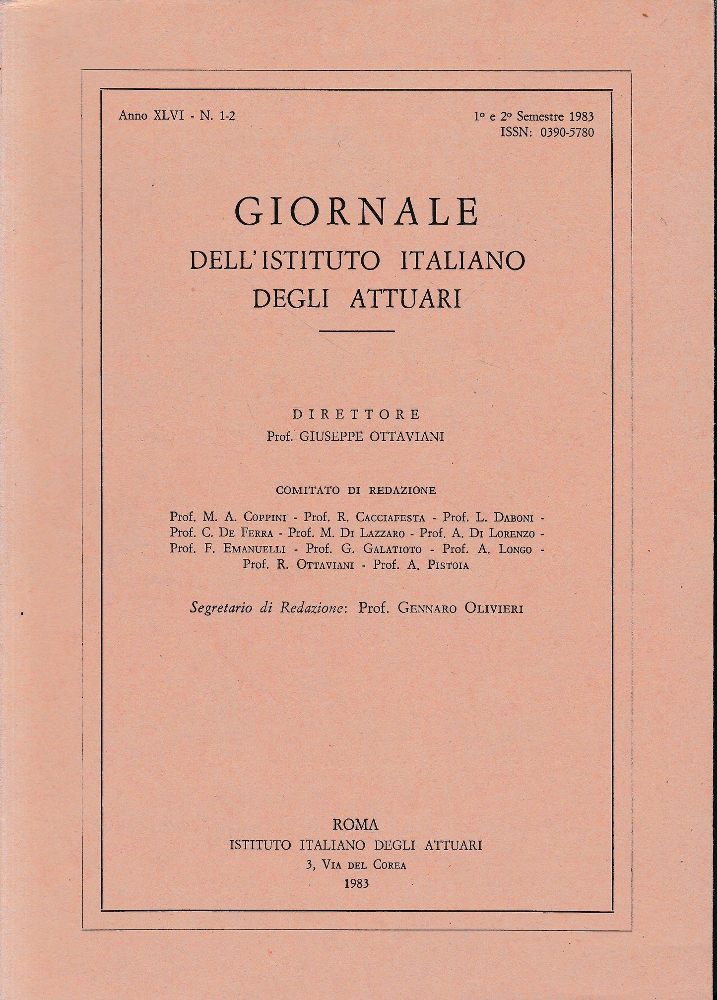 Giornale dell'Istituto Italiano degli Attuari. Anno XLVI - n. 1-2, 1° e 2° semestre 1983 - copertina