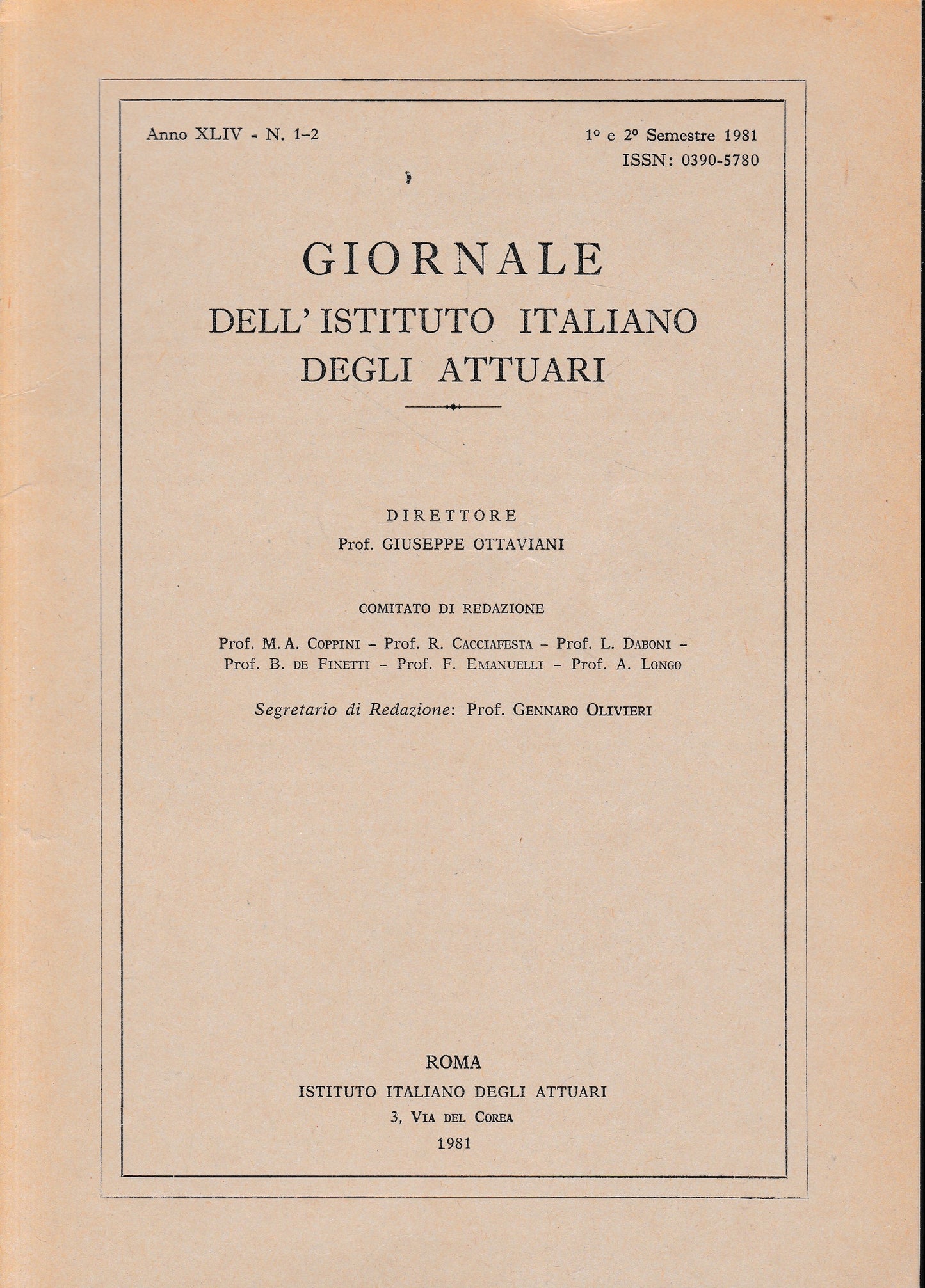 Giornale dell'Istituto Italiano degli Attuari. Anno XLIV - n. 1-2, 1°e 2° semestre 1981 - copertina