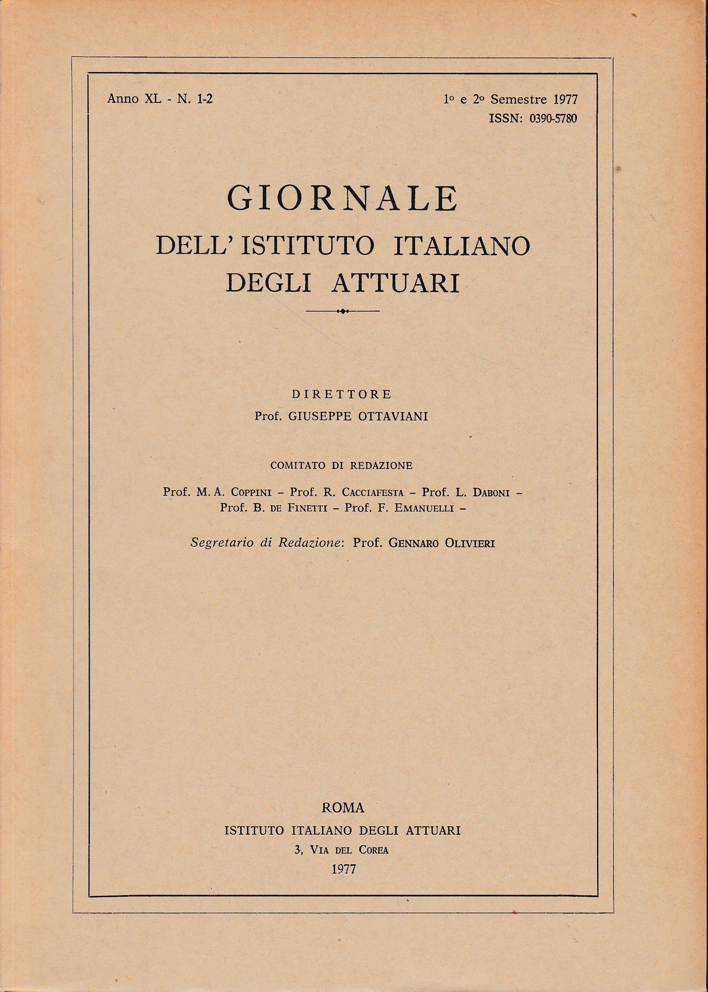 Giornale dell'Istituto Italiano degli Attuari. Anno XL - n. 1-2, 1° e 2° semestre 1977 - copertina