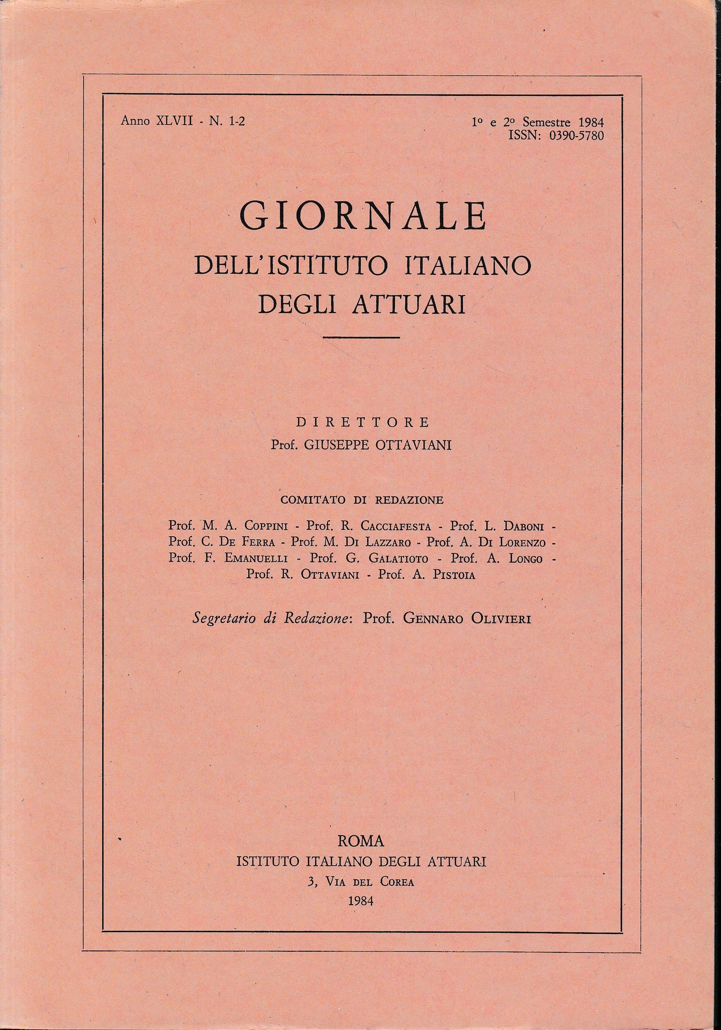 Giornale dell'Istituto Italiano degli Attuari. Anno XLVII - n. 1-2, 1°e 2° semestre 1984 - copertina