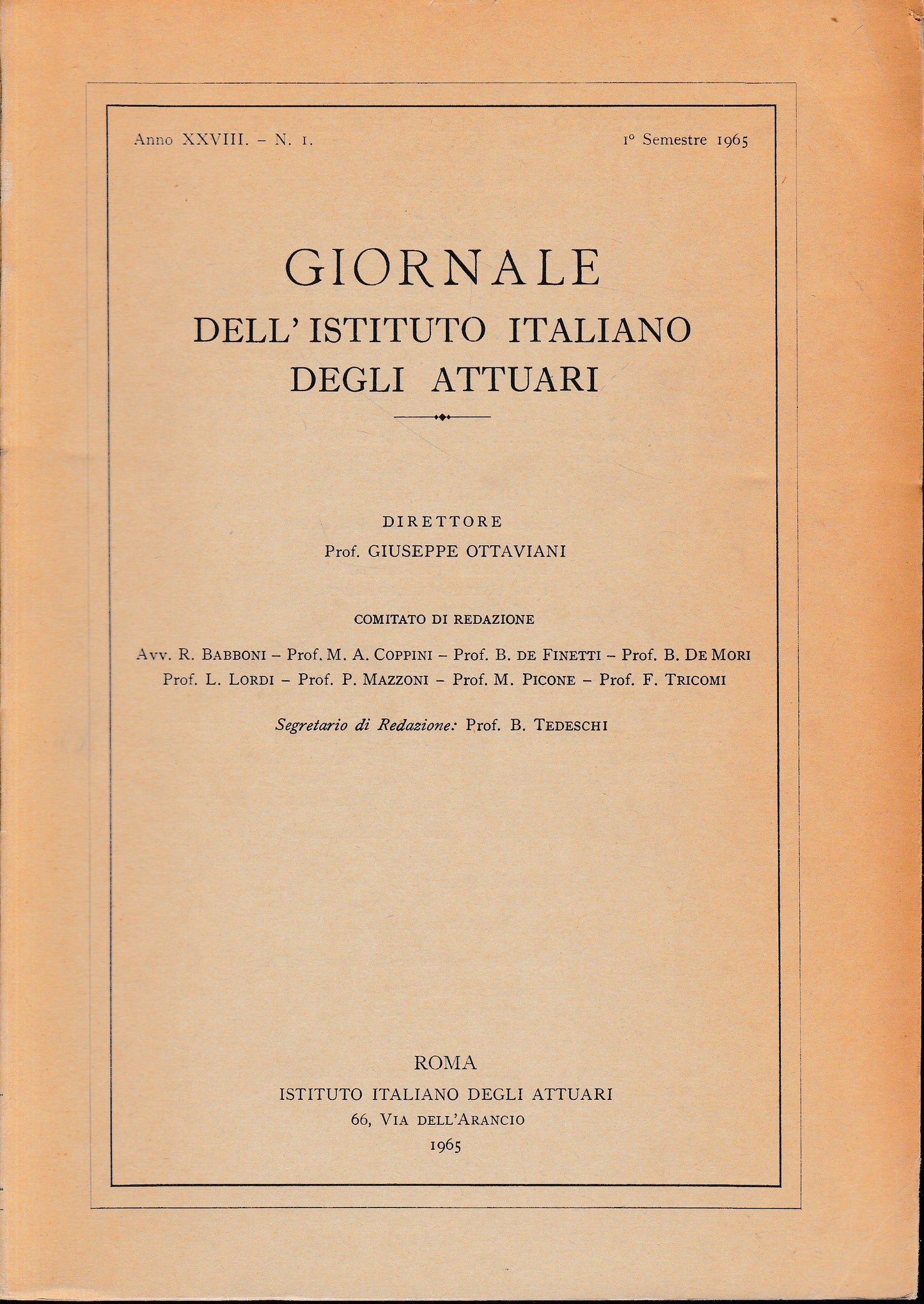 Giornale dell'Istituto Italiano degli Attuari. Anno XXVIII - n. 1, 1° semestre 1965 - copertina