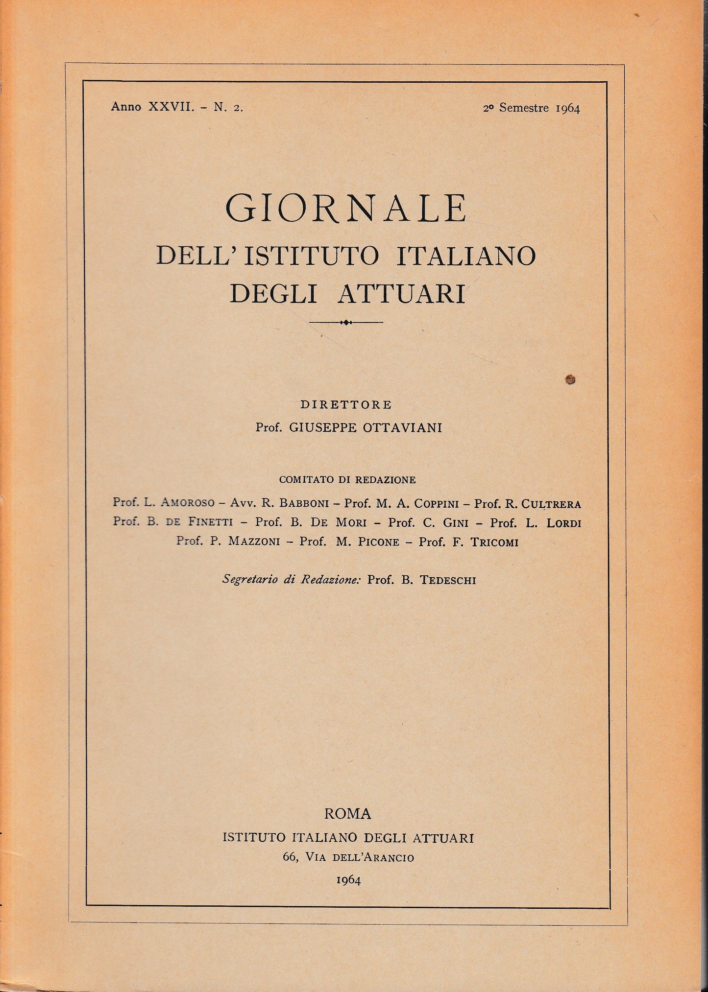 Giornale dell'Istituto Italiano degli Attuari. Anno XXVII - n. 2, 2° semestre 1964 - copertina