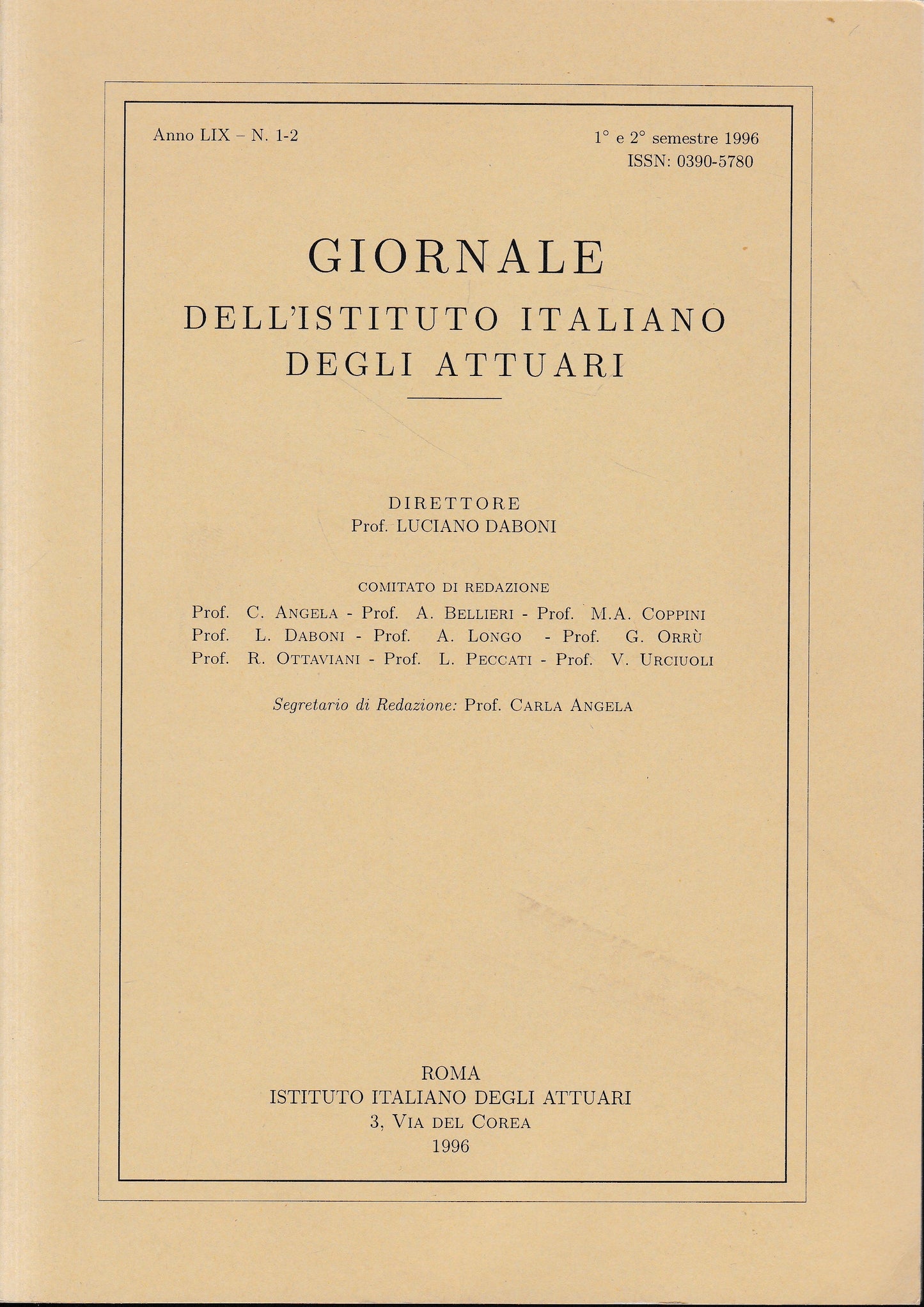 Giornale dell'Istituto Italiano degli Attuari. Anno LIX - n. 1-2, 1°e 2° semestre 1996 (bilingue Italiano, Inglese) - copertina