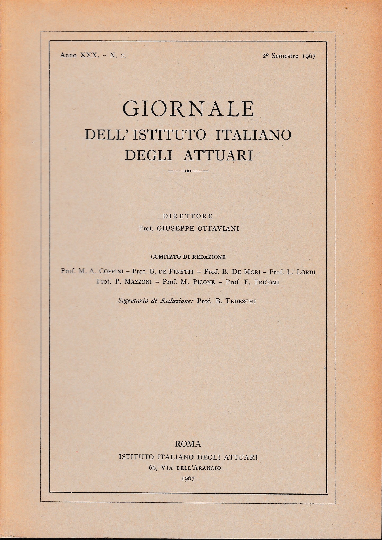 Giornale dell'Istituto Italiano degli Attuari. Anno XXX - n. 2, 2° semestre 1967 - copertina