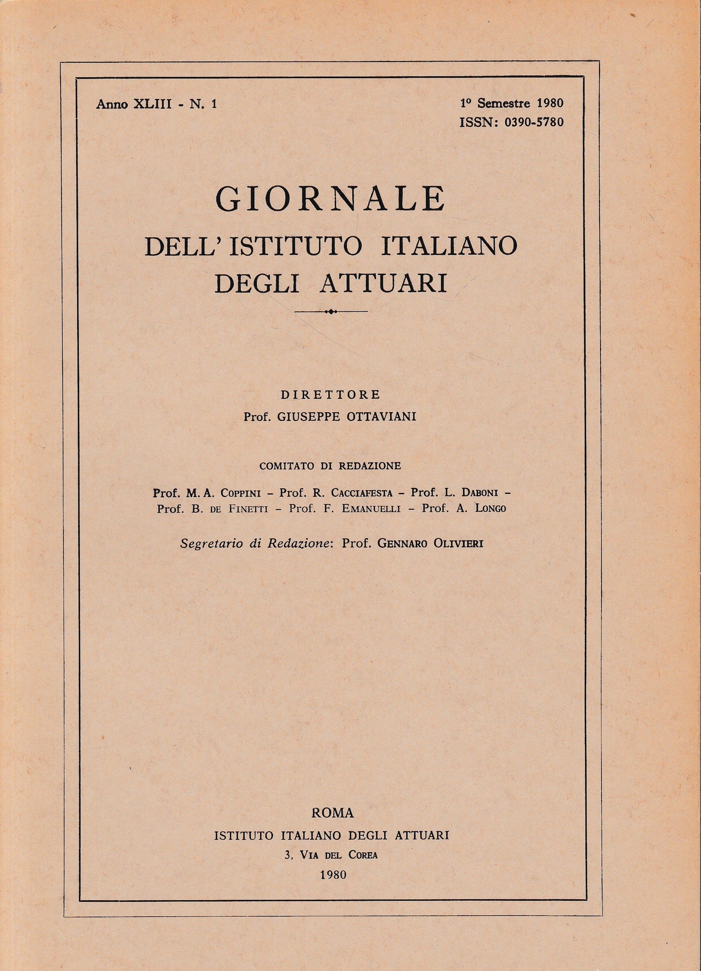 Giornale dell'Istituto Italiano degli Attuari. Anno XLIII - n. 1, 1° semestre 1980 - copertina