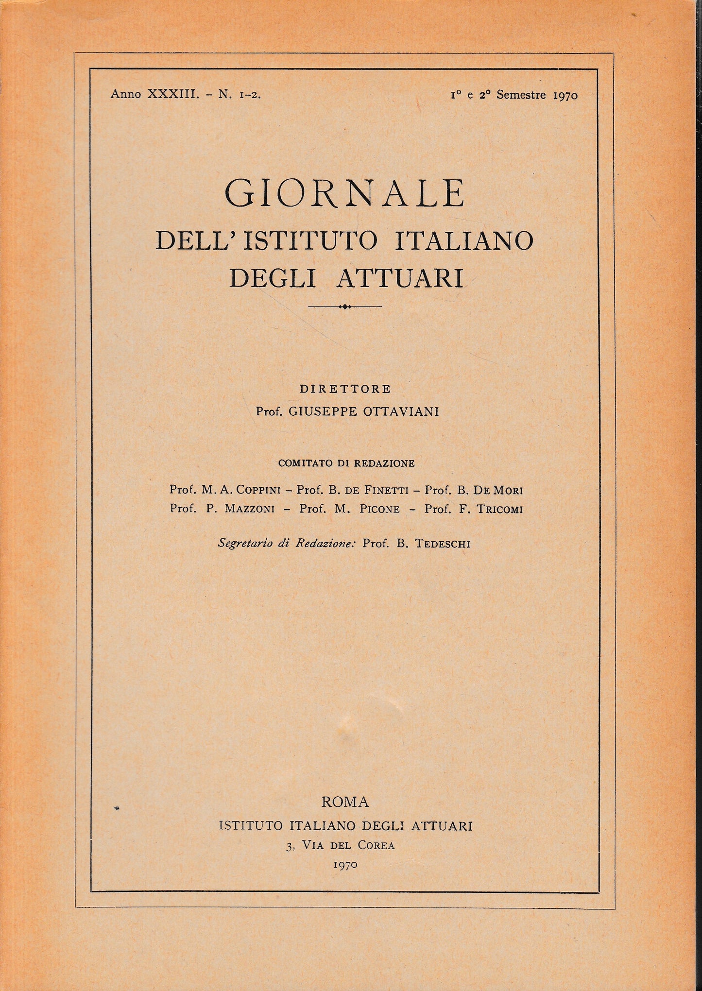 Giornale dell'Istituto Italiano degli Attuari. Anno 1° e 2° semestre 1970 - copertina