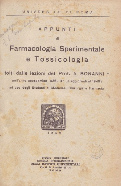 Appunti di farmacologia sperimentale e tossicologia - copertina