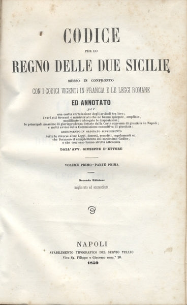 CODICE PER LO REGNO DELLE DUE SICILIE - Volume Primo Parte Prima - copertina