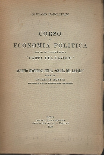 CORSO DI ECONOMIA POLITICA SVOLTO SUI PRINCIPI DELLA CARTA DEL LAVORO - copertina