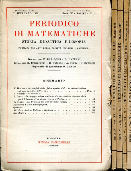 Periodico di matematiche.Storia - didattica - filosofia Serie IV Volume XI 1931 - copertina