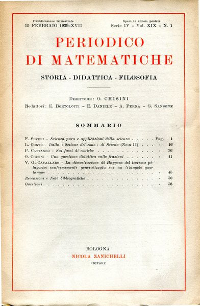Periodico di matematiche.Storia-didattica-filosofia Serie IV Volume XIX 1939 n.1 - copertina
