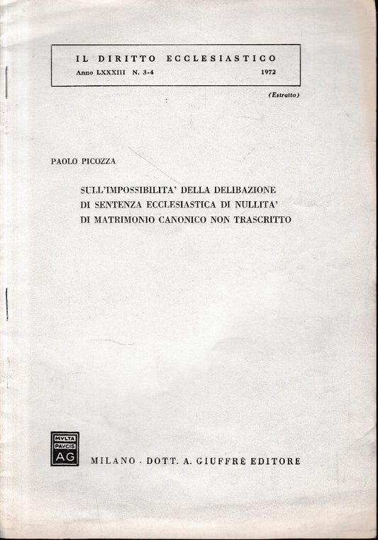 Il Diritto Ecclesiastico anno LXXXIII n. 3-4, 1972 (estratto) - copertina