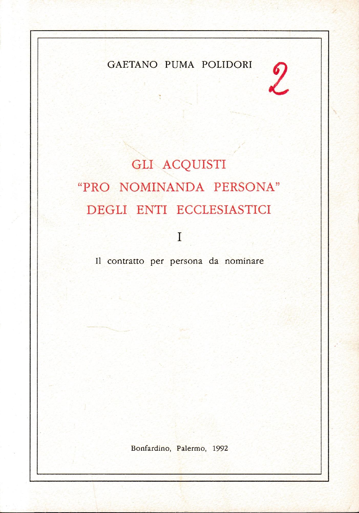 Gli acquisti pro nominada persona degli enti ecclesiastici, I. - copertina