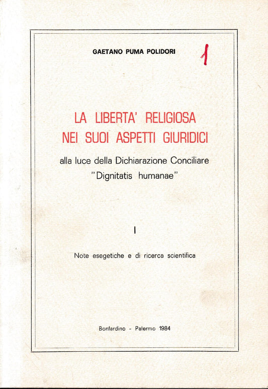 La libertà religiosa nei suoi aspetti giuridici, I. - copertina