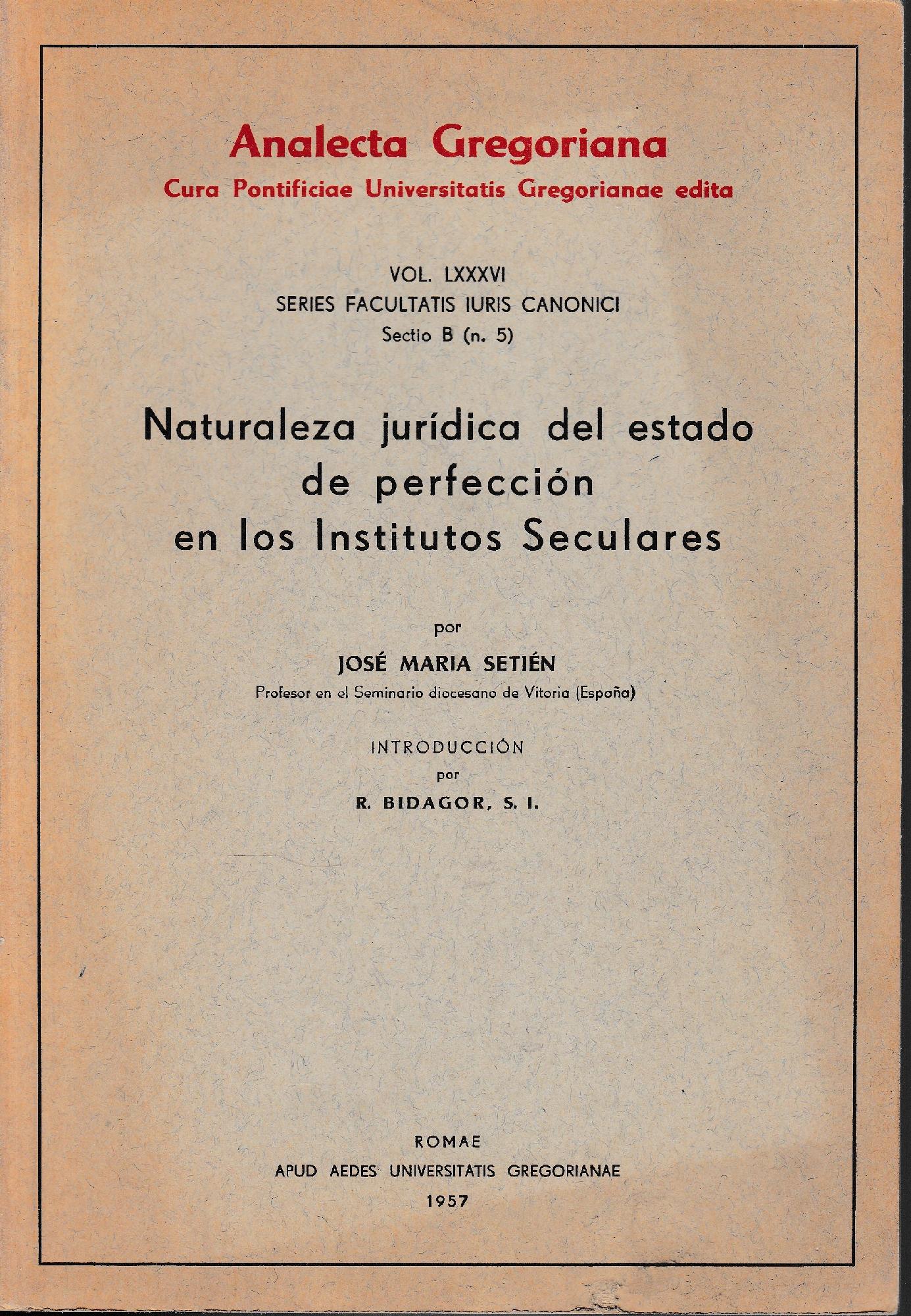 Naturaleza jurídica del estado de perfección en los institutos seculares - copertina
