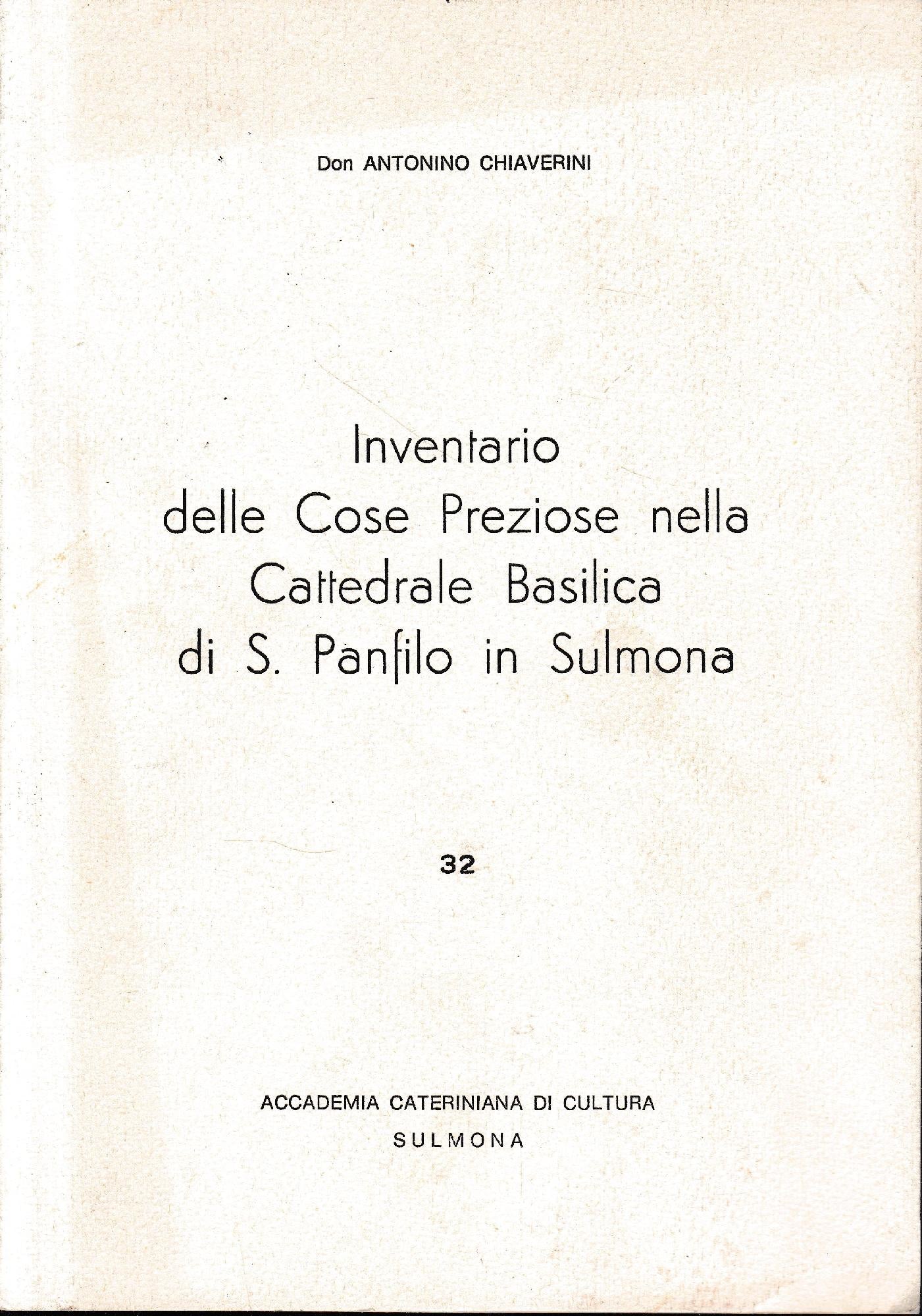 Inventario delle Cose Preziose nella Cattedrale Basilica di S. Panfilo di Sulmona - copertina