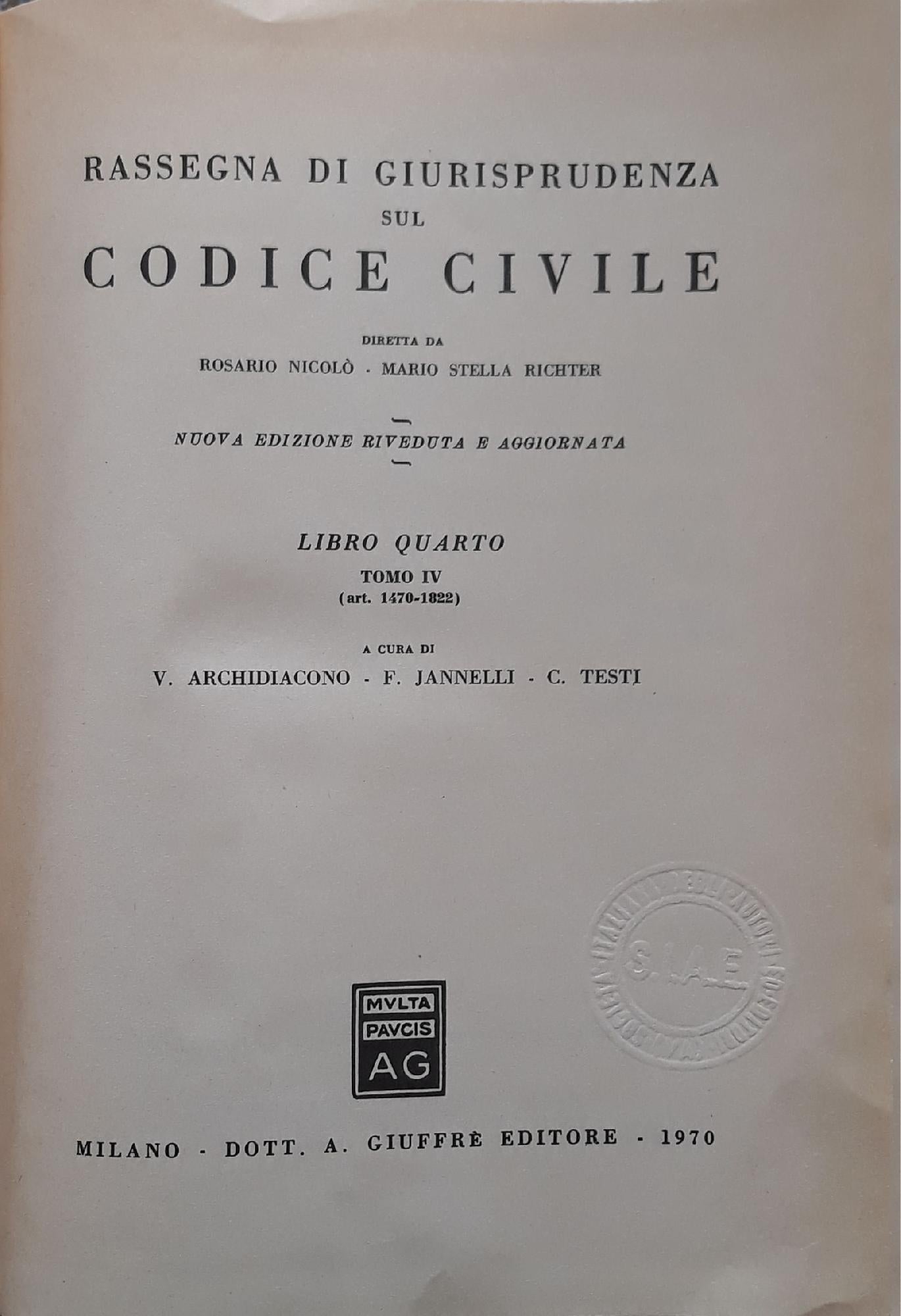 Rassegna di giurisprudenza sul codice civile - libro quarto , tomo IV (art.1470-1822) - copertina