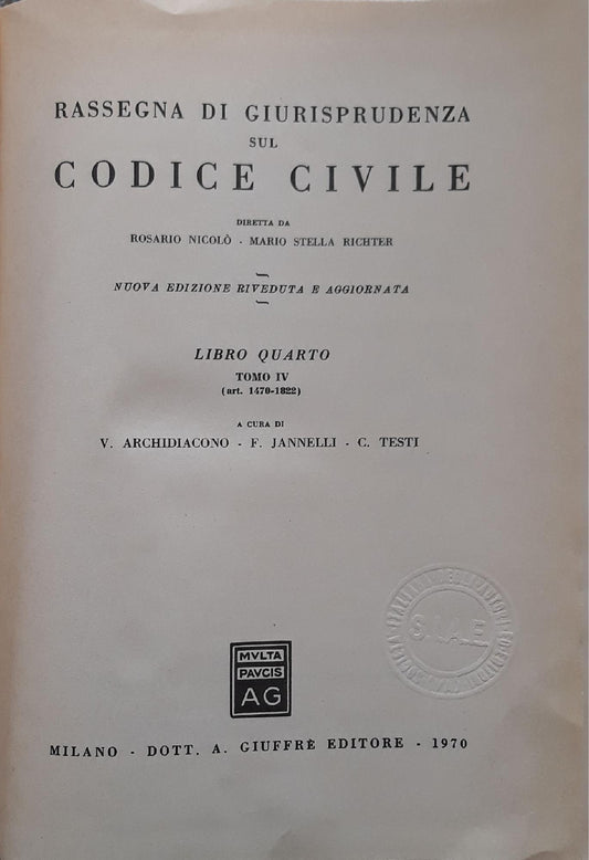 Rassegna di giurisprudenza sul codice civile - libro quarto , tomo IV (art.1470-1822) - copertina