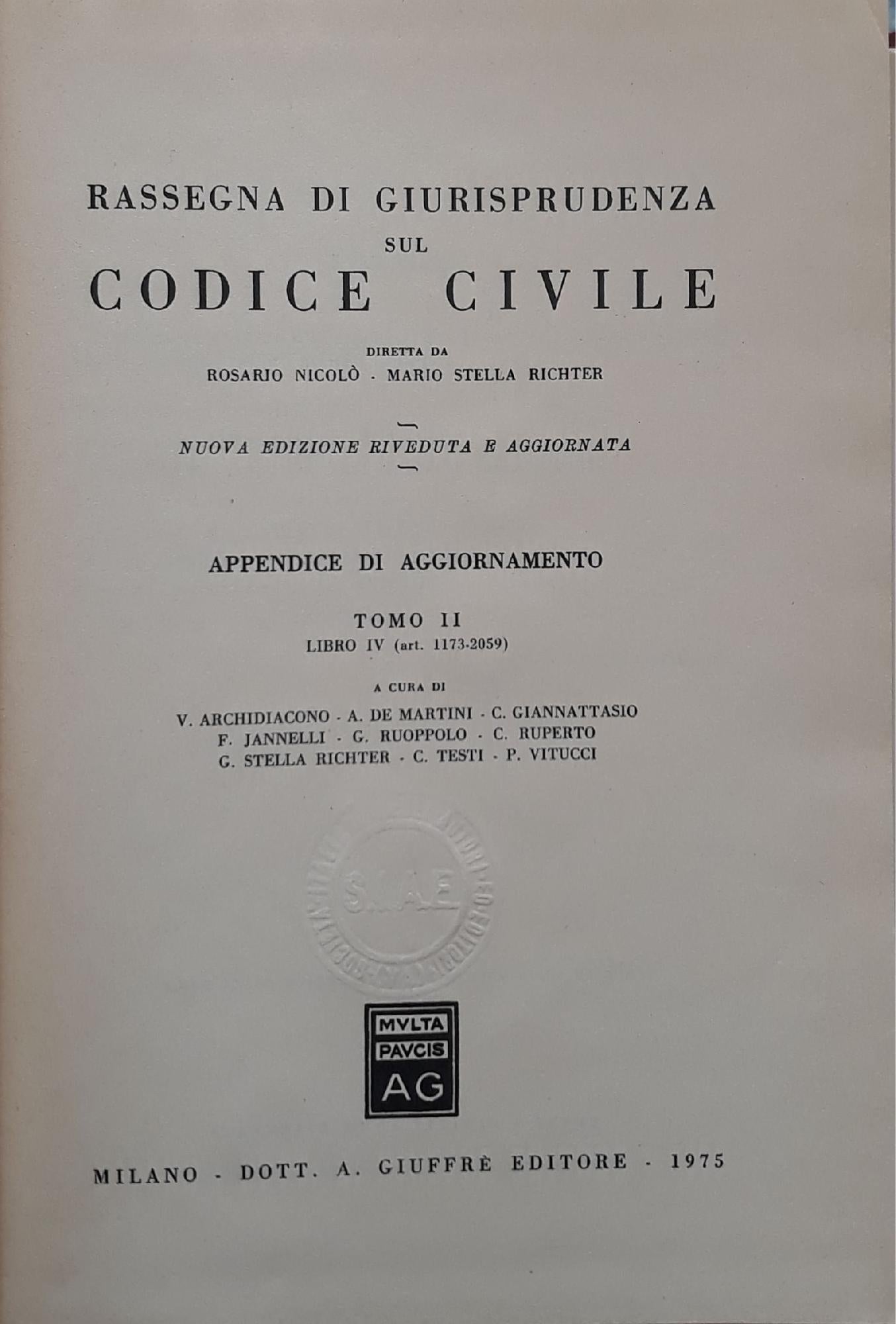 Rassegna di giurisprudenza sul codice civile - tomo II libro IV (art.1173 -2059) - copertina