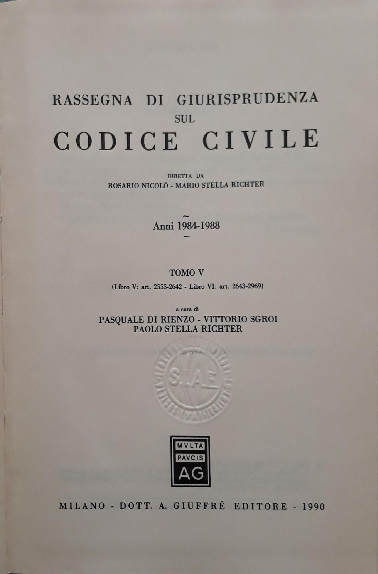 Rassegna di giurisprudenza sul Codice civile. Anni 1984-1988. Artt. 2555 - 2969 (Tomo 5) - copertina