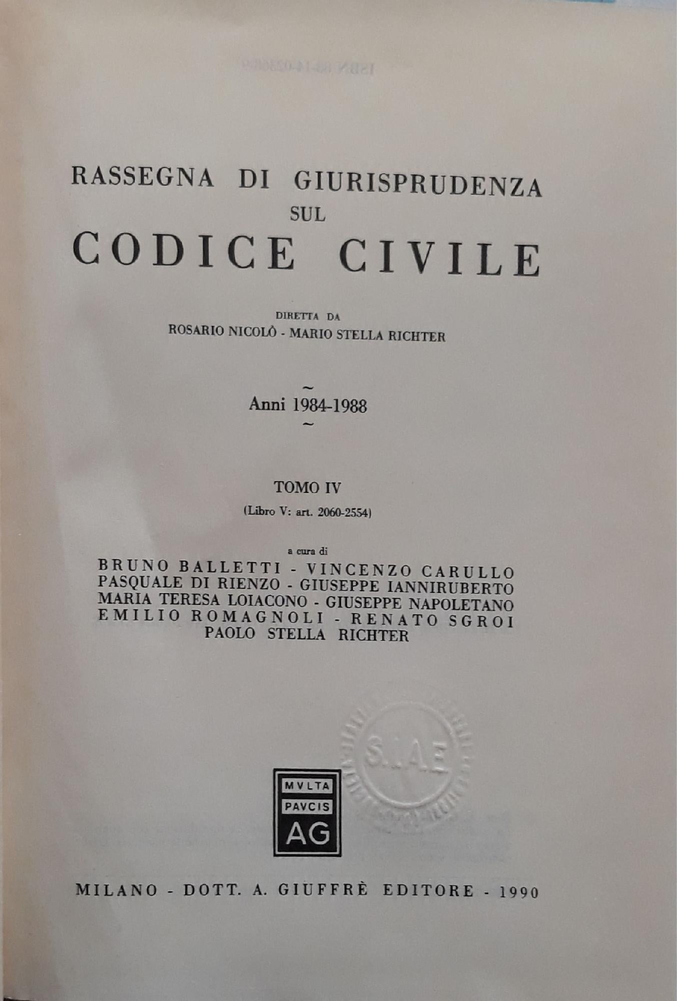 Rassegna di giurisprudenza sul Codice civile. Anni 1984-1988. Artt. 2060 - 2554 (Vol. 4) - copertina