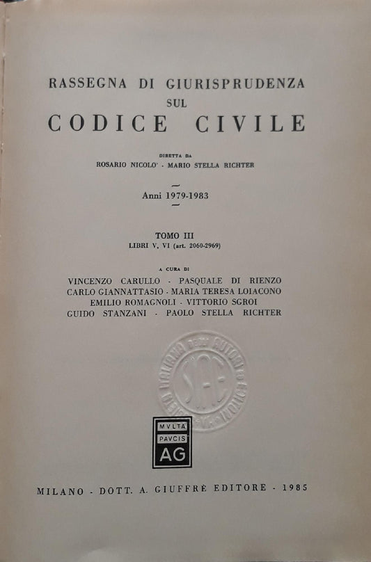 Rassegna di giurisprudenza sul codice civile: Tomo 3: Libri 5, 6: artt. 2060-2969 - copertina