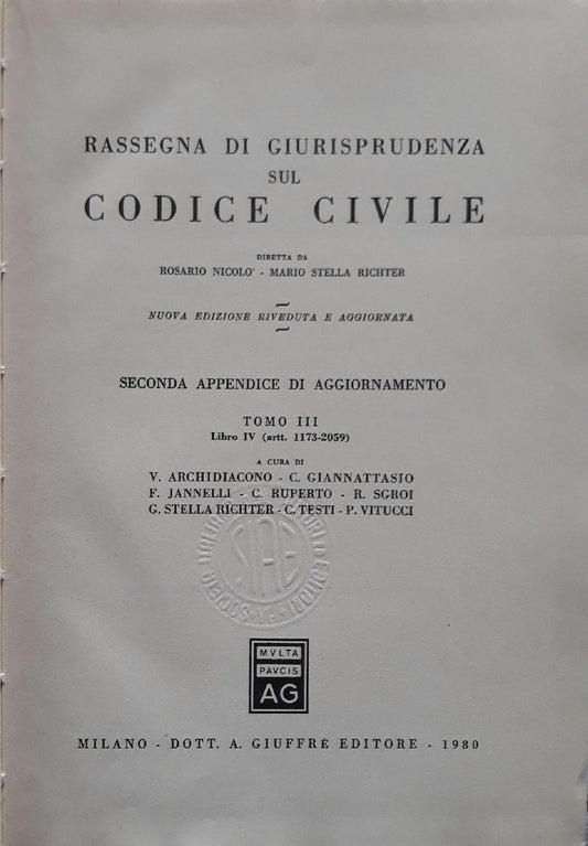 Rassegna di giurisprudenza sul codice civile: Seconda appendice di aggiornamento Tomo III, Libro IV (art. 1173 - 2059) - copertina