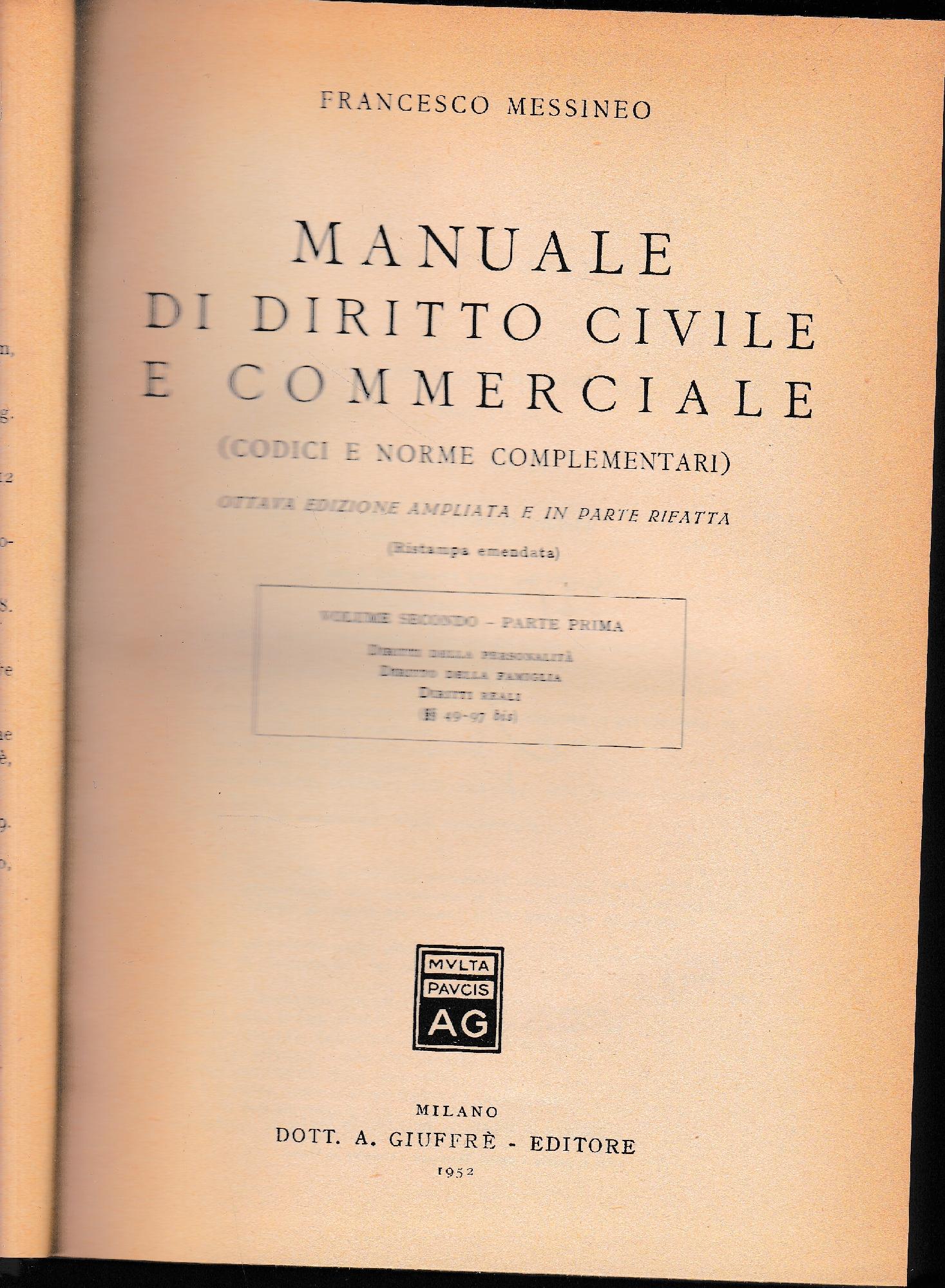 Manuale di Diritto Civile e Commerciale (codici e norme complementari) volume secondo - parte prima - copertina