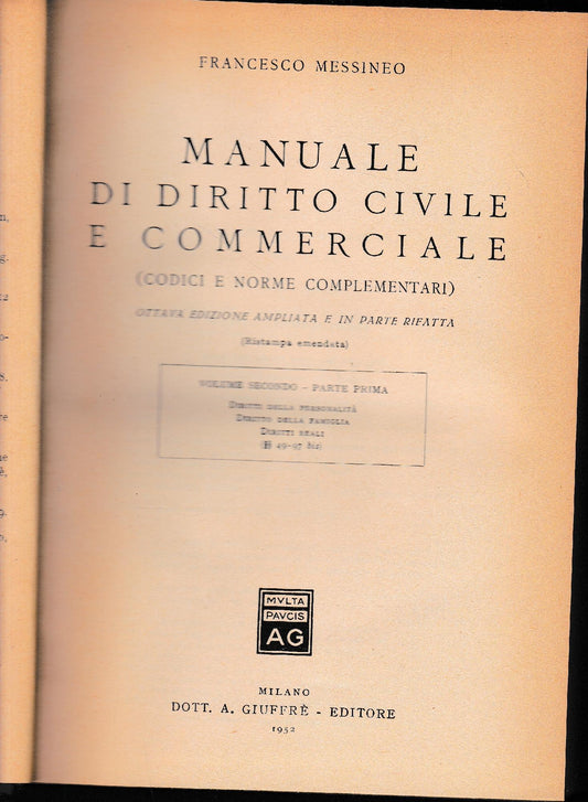 Manuale di Diritto Civile e Commerciale (codici e norme complementari) volume secondo - parte prima - copertina