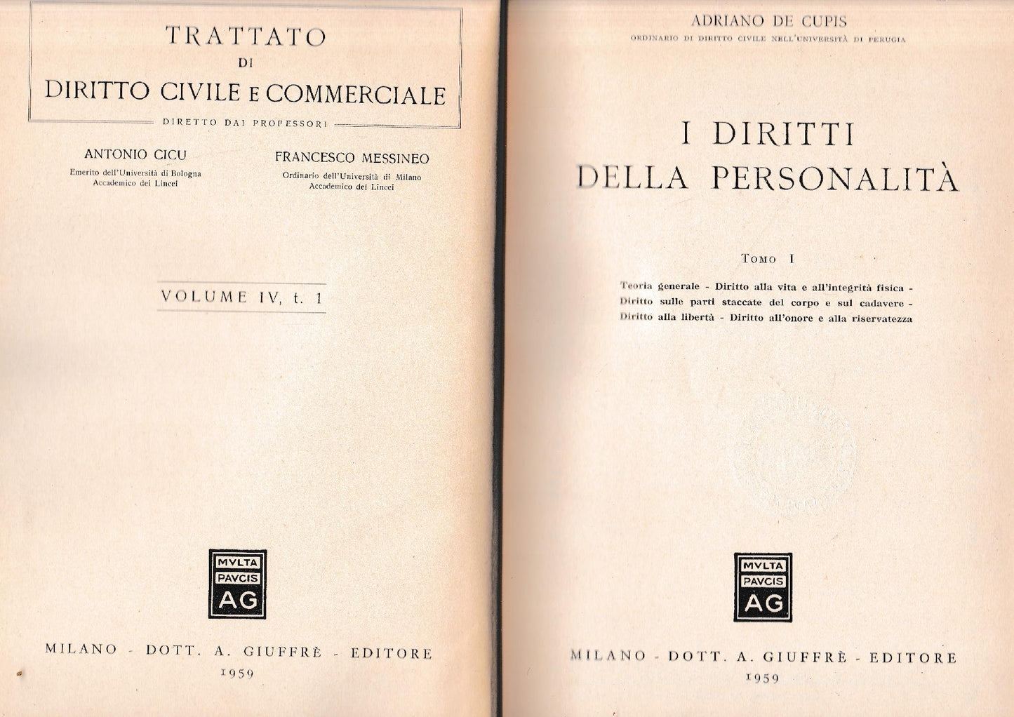 Trattato di Diritto Civile e Commerciale, volume IV, tomo 1. I diritti della personalità - copertina