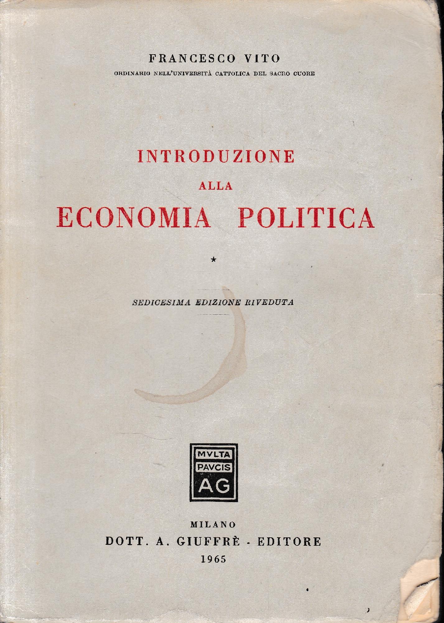 Introduzione alla Economia Politica, vol. 1° - copertina